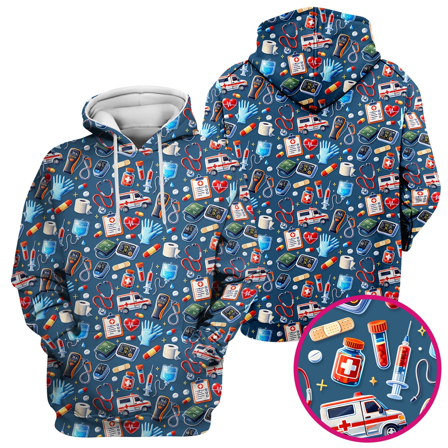 Medical Tools Pattern Ambulance Stethoscope Scrub Top, Comfortable Scrubs for Nurses