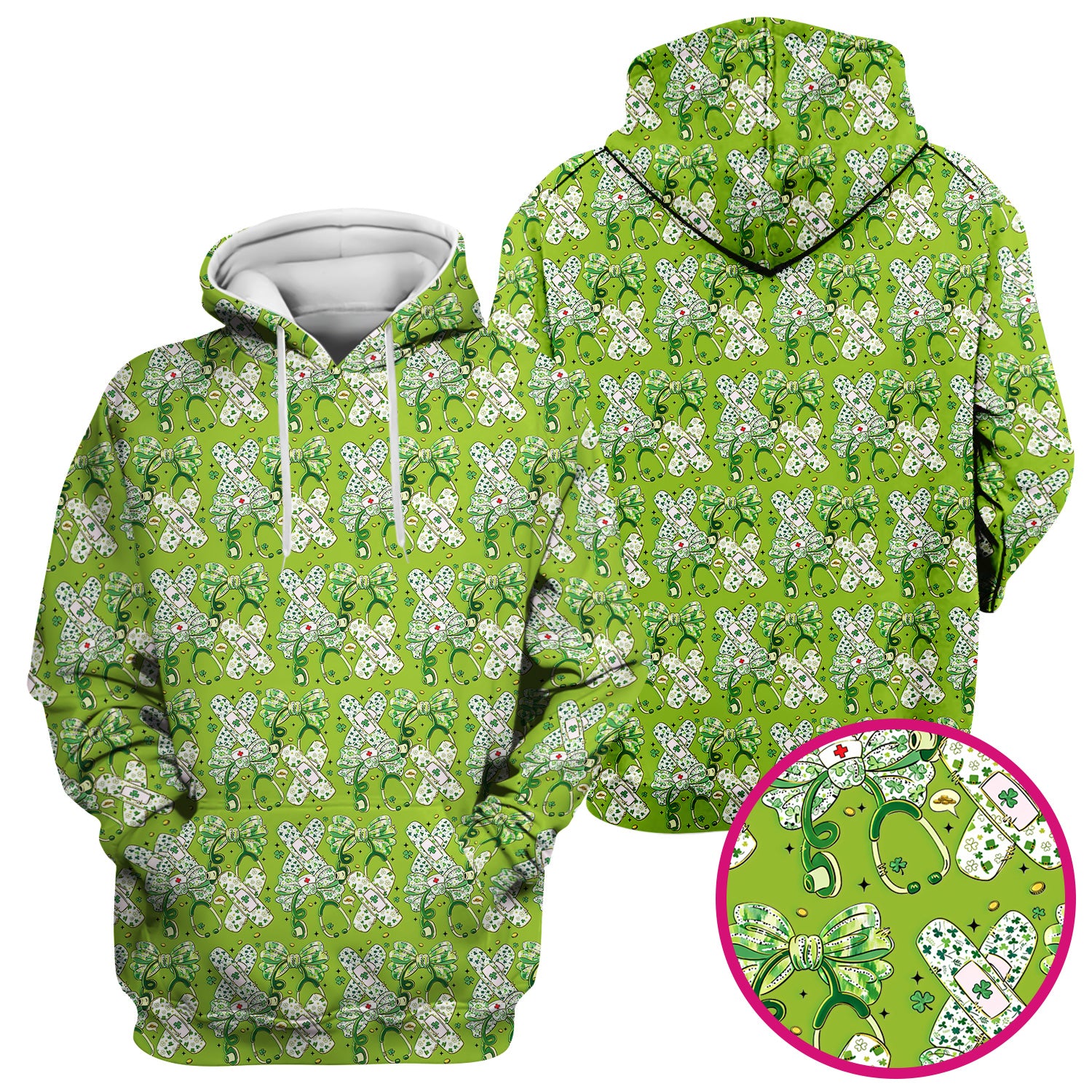 St Patrick Shamrock Stethoscope Bow Print Scrub Top, Breathable Fabrics Nursing Uniform