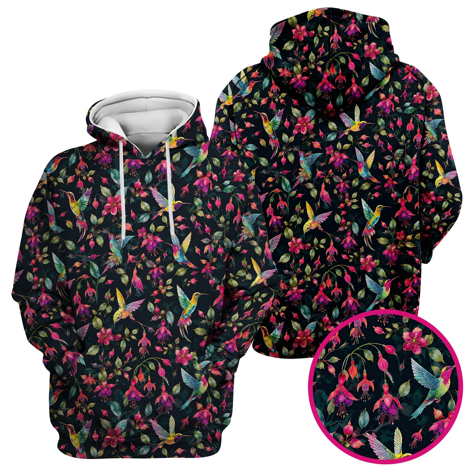 Hummingbird Fuchsia Bloom Pattern Scrub Top, Comfortable Scrubs for Nurses