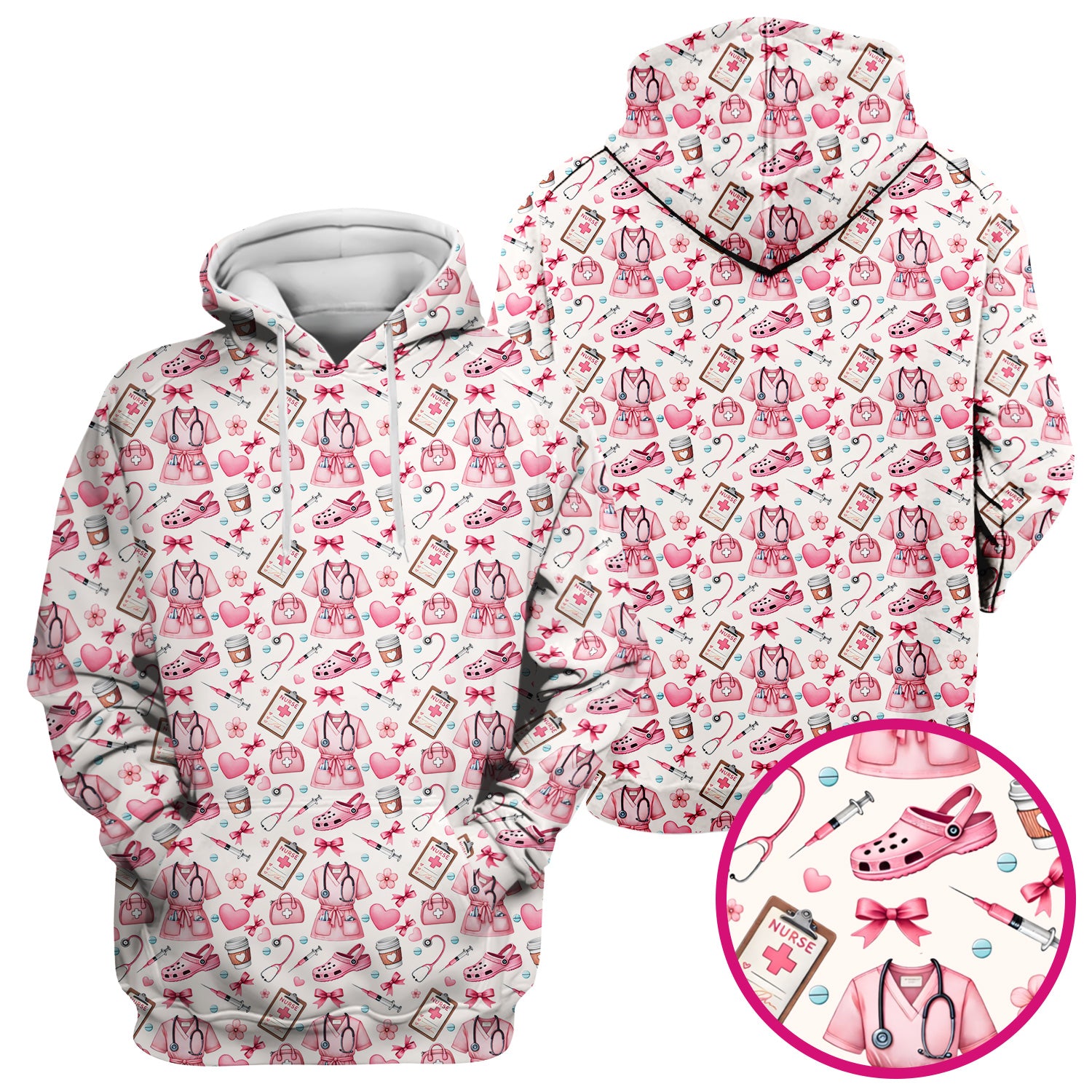 Valentine Pink Nurse Icons Print Scrub Top, Comfortable Scrubs for Nurses