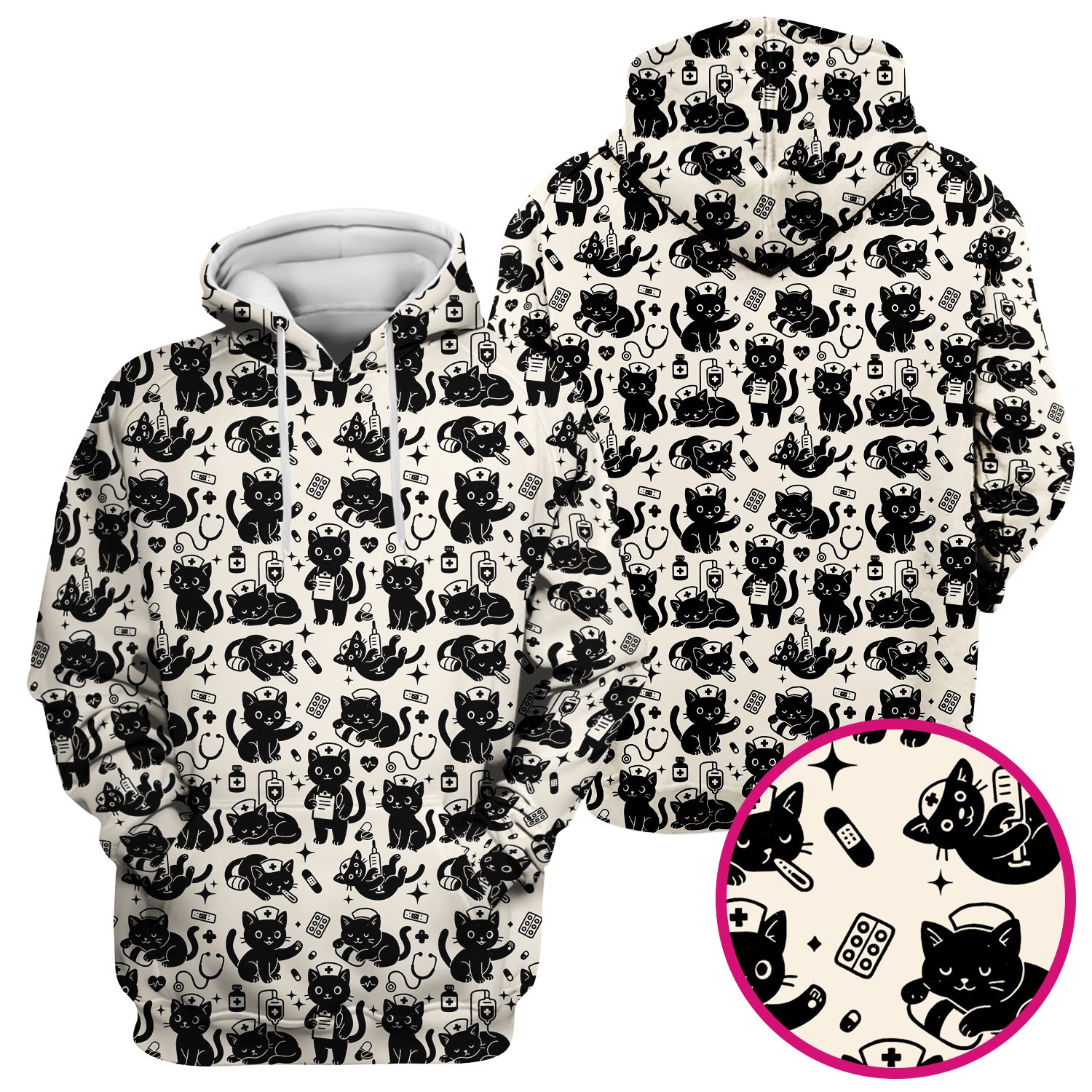 Cute Black Cat Nurse Pattern Scrub Top, Breathable Fabrics Nursing Uniform