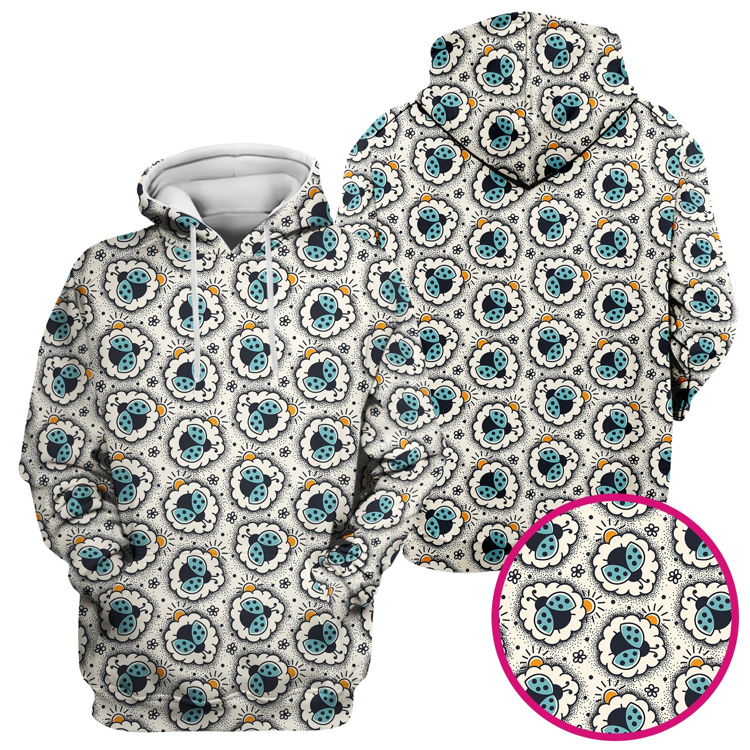 Cute Ladybug in Floral Frame Pattern Scrub Top, Breathable Fabrics Nursing Uniform