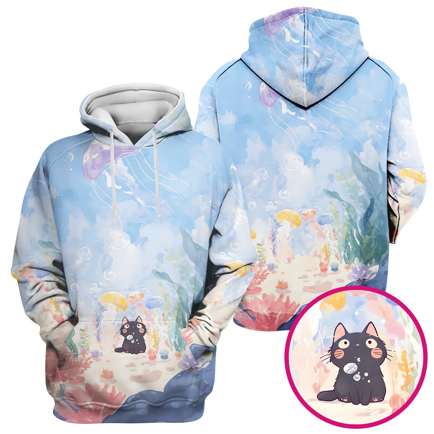 Cute Underwater Black Cat Jellyfish Pattern Scrub Top, Comfortable Scrubs for Nurses