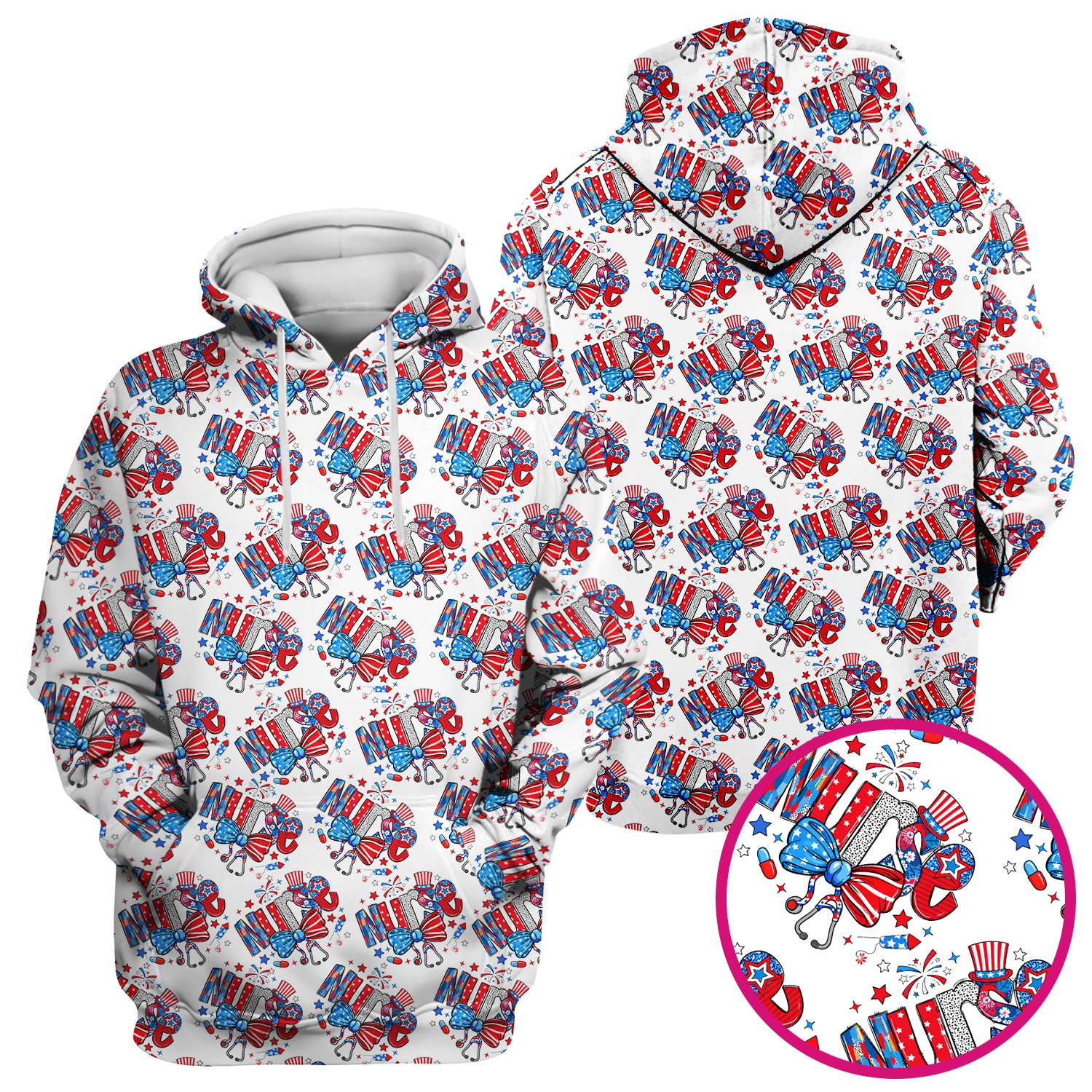 USA Nurse Stethoscope Patriotic Bow Hat Pattern Scrubs Top, Comfortable Scrubs for Nurses