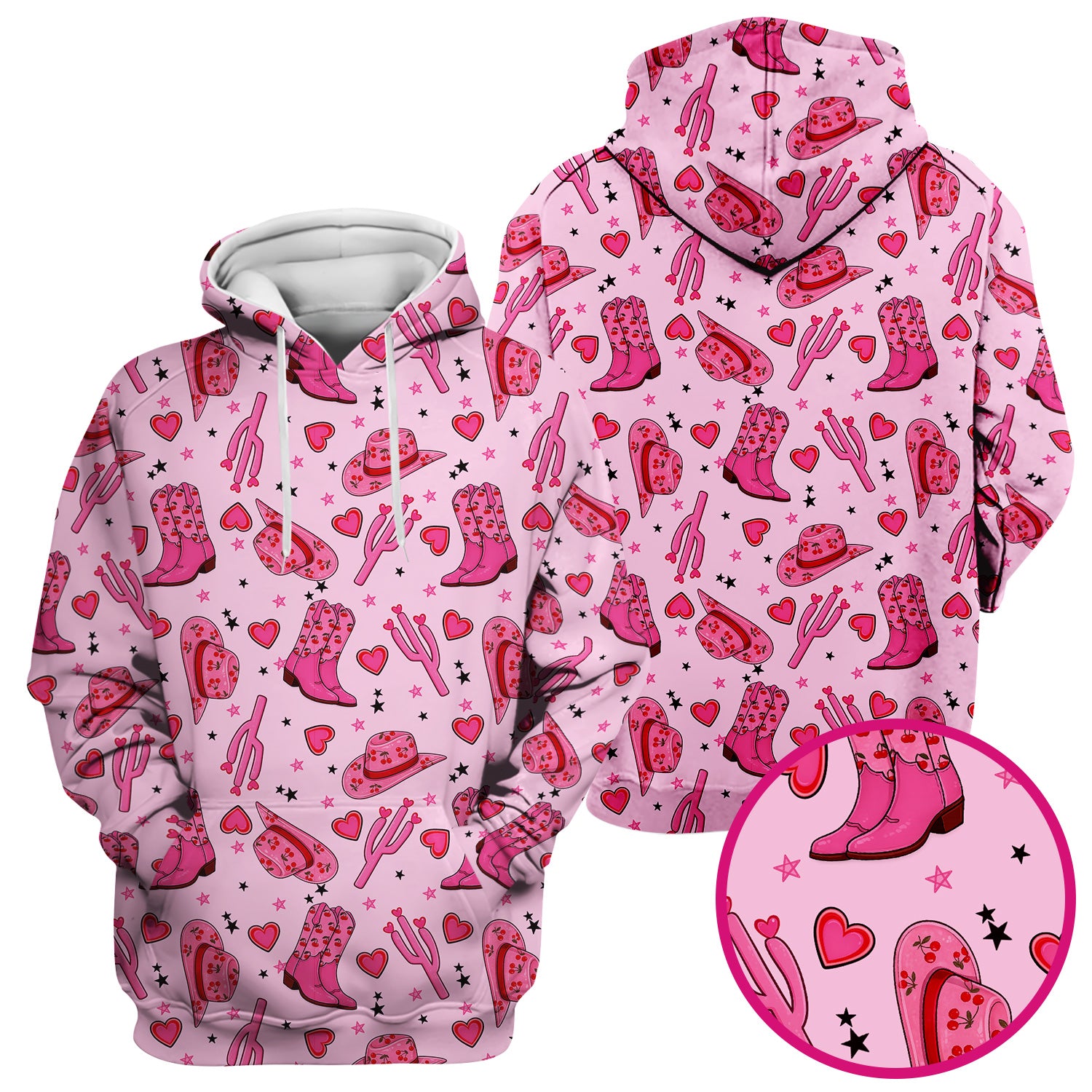 Pink Cowgirl Western Boots Hat Pattern Scrub Top, Breathable Medical Uniform Top