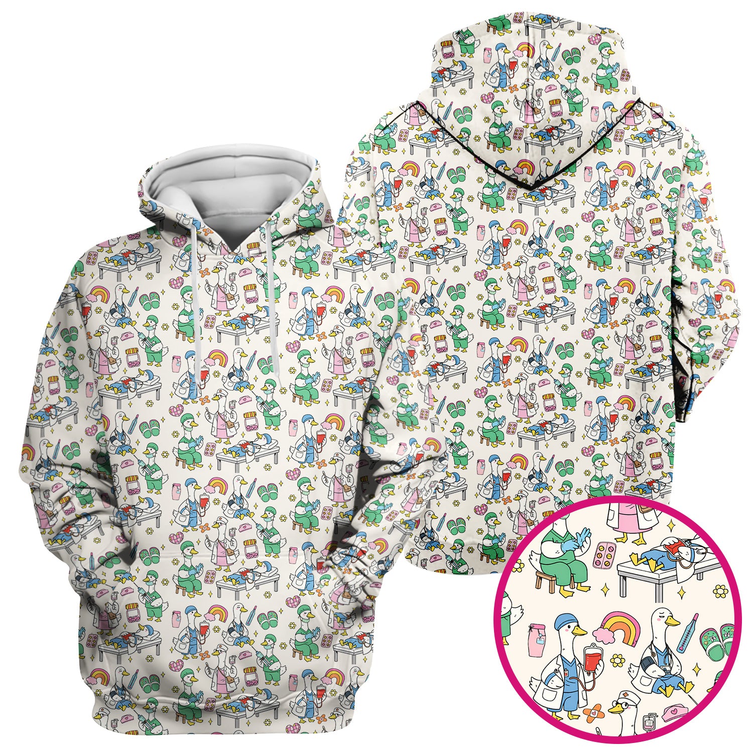 Funny Nurse Duck Medical Doodle Pattern Scrub Top, Comfortable Nurse Workwear Top