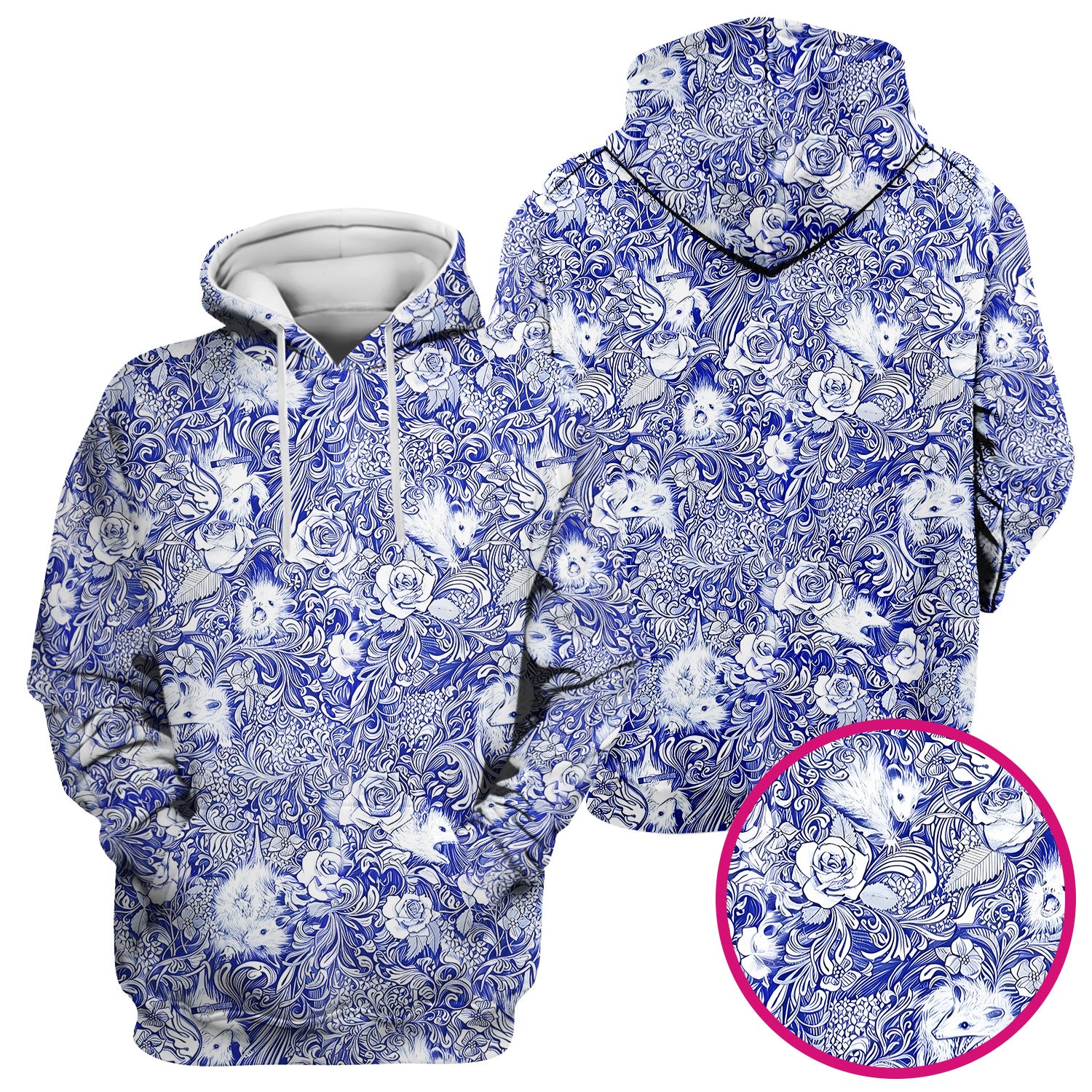 Blue Toile Porcupine Floral Pattern Scrub Top for Women, Breathable Nursing Uniform