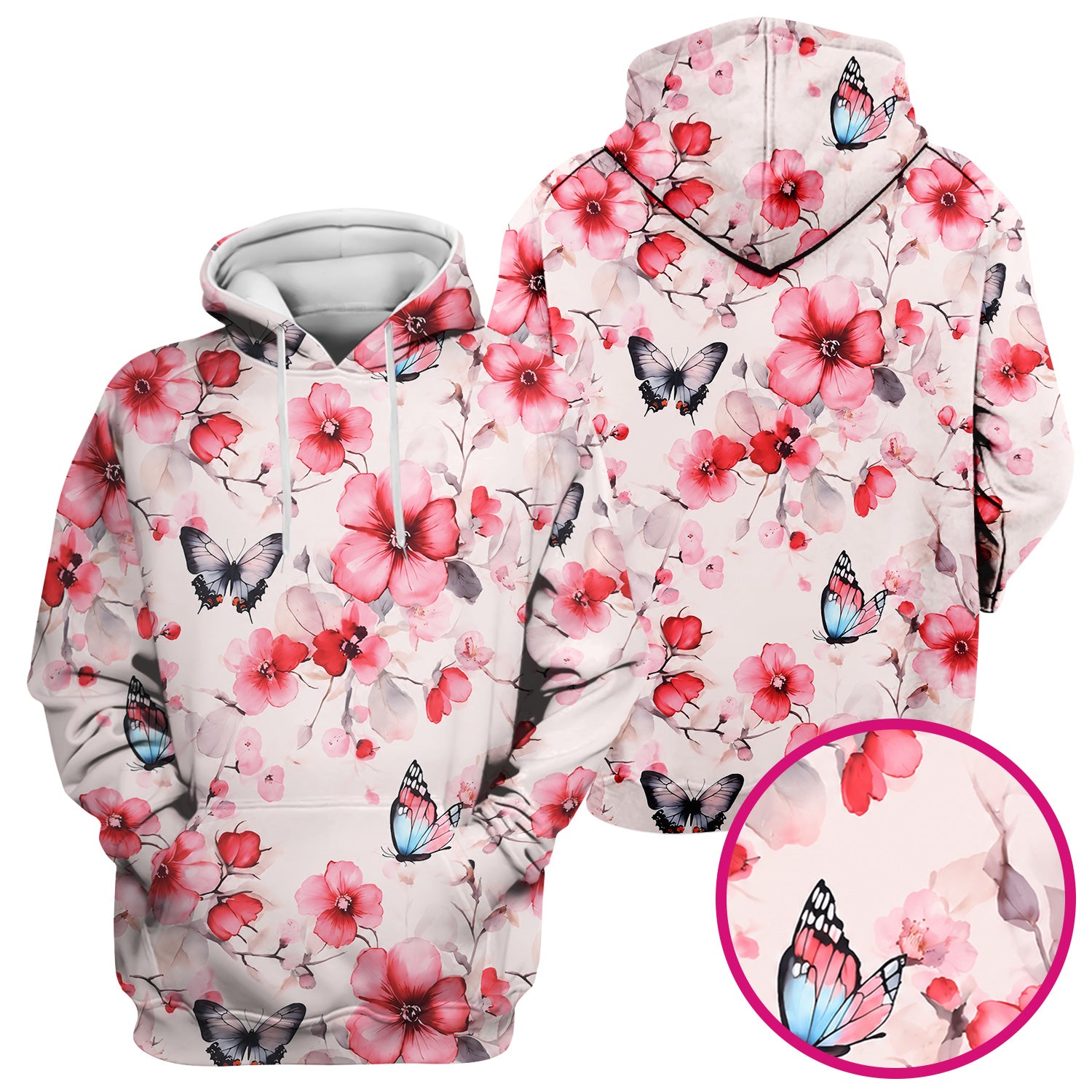 Pink Butterfly Blossom Pattern Scrub Top, Comfortable Scrubs for Nurses