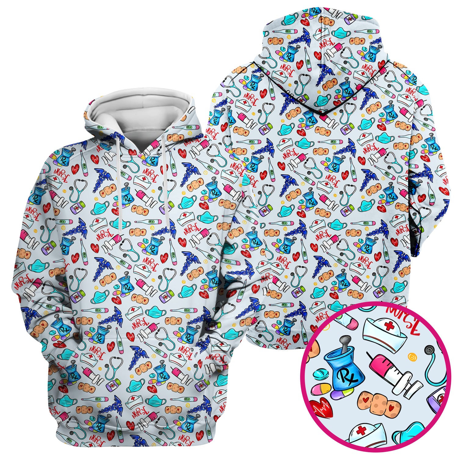 Nurse Medical Icons Stethoscope Heart Pattern Scrub Top, Comfortable Scrubs for Nurses