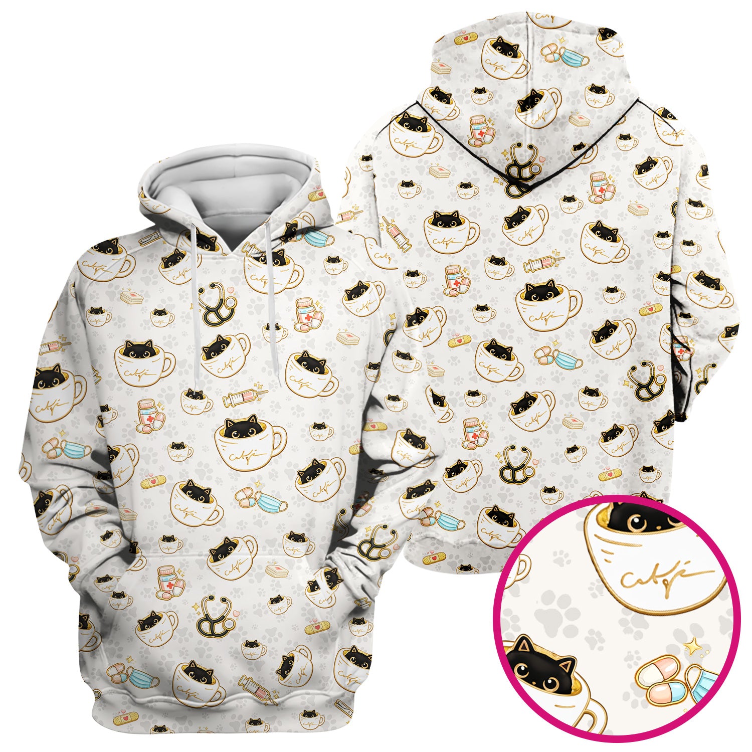 Cute Coffee Cat Medical Print Scrub Top, Breathable Fabrics Nursing Uniform