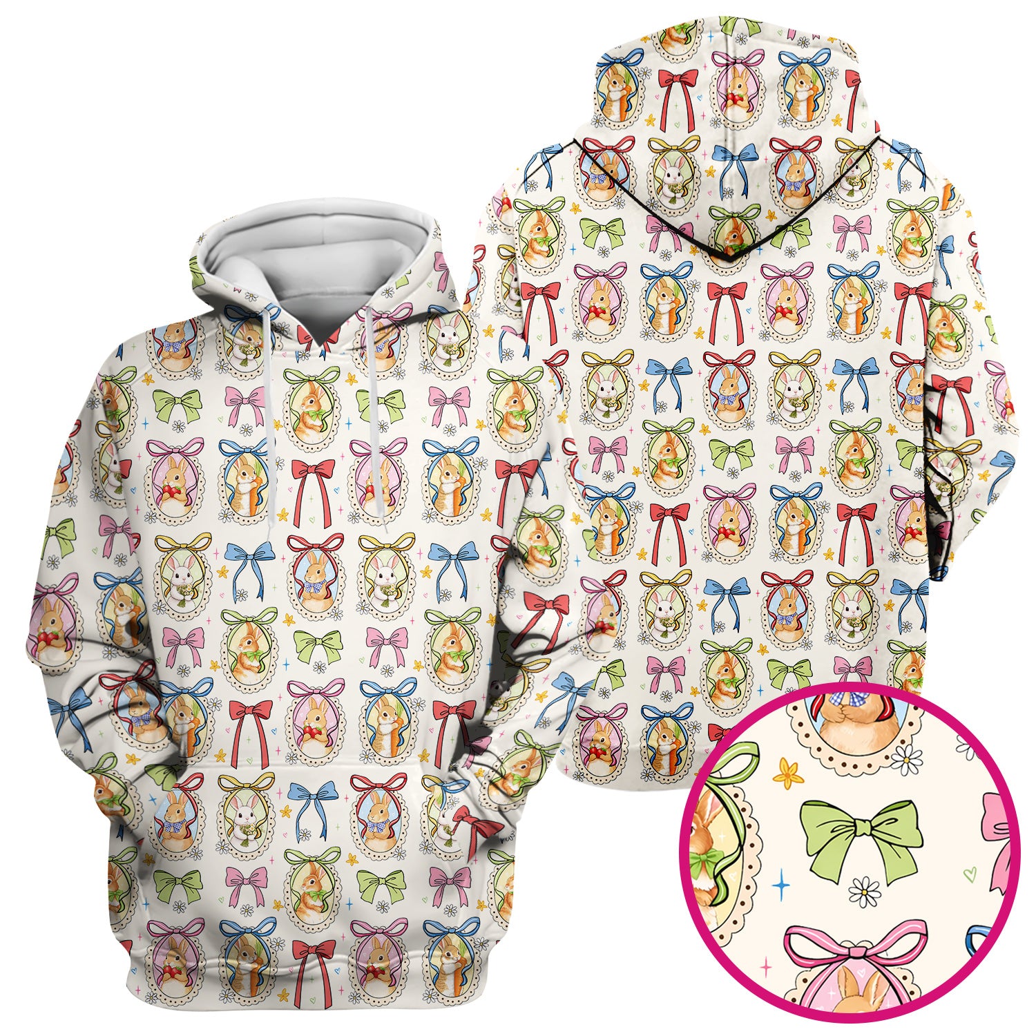 Cute Easter Bunny Cameo Colorful Bow Pattern Scrub Top, Breathable Fabrics Nursing Uniform