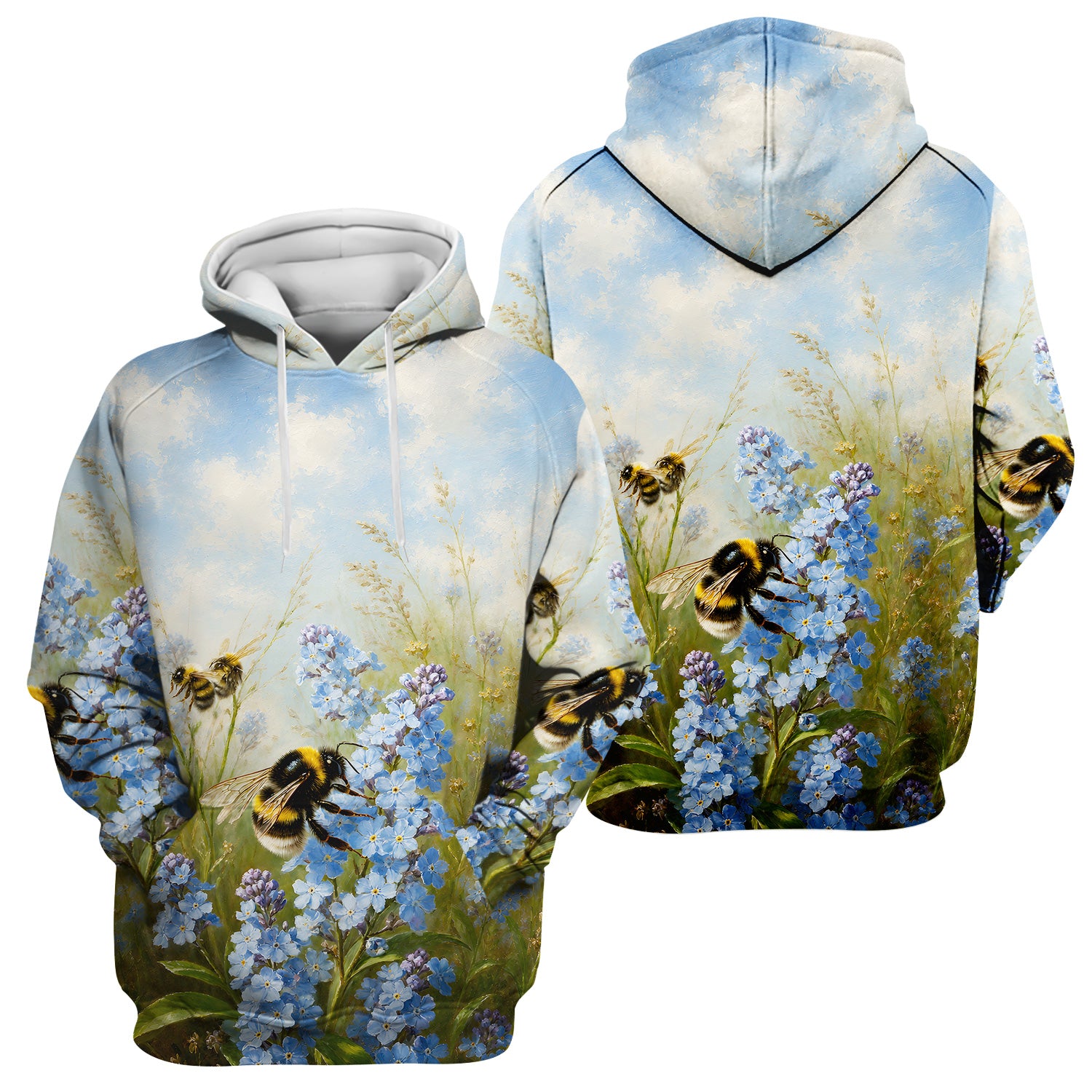 Whimsical Bumblebee Blue Blossom Pattern Scrub Top, Comfortable Scrubs for Nurses