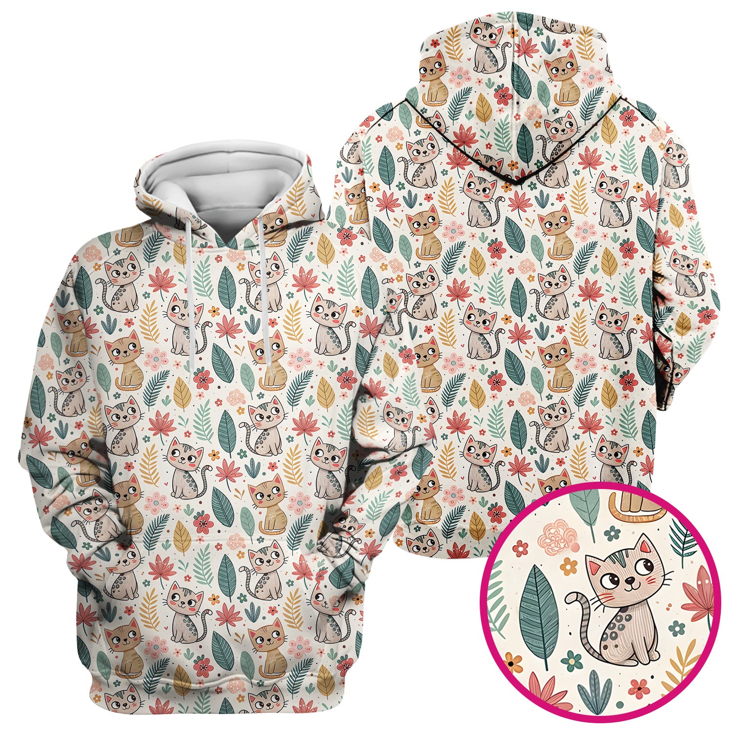 Cute Cartoon Cat Floral Leaf Pattern Scrub Top, Kawaii Kitty Nursing Uniform for Women