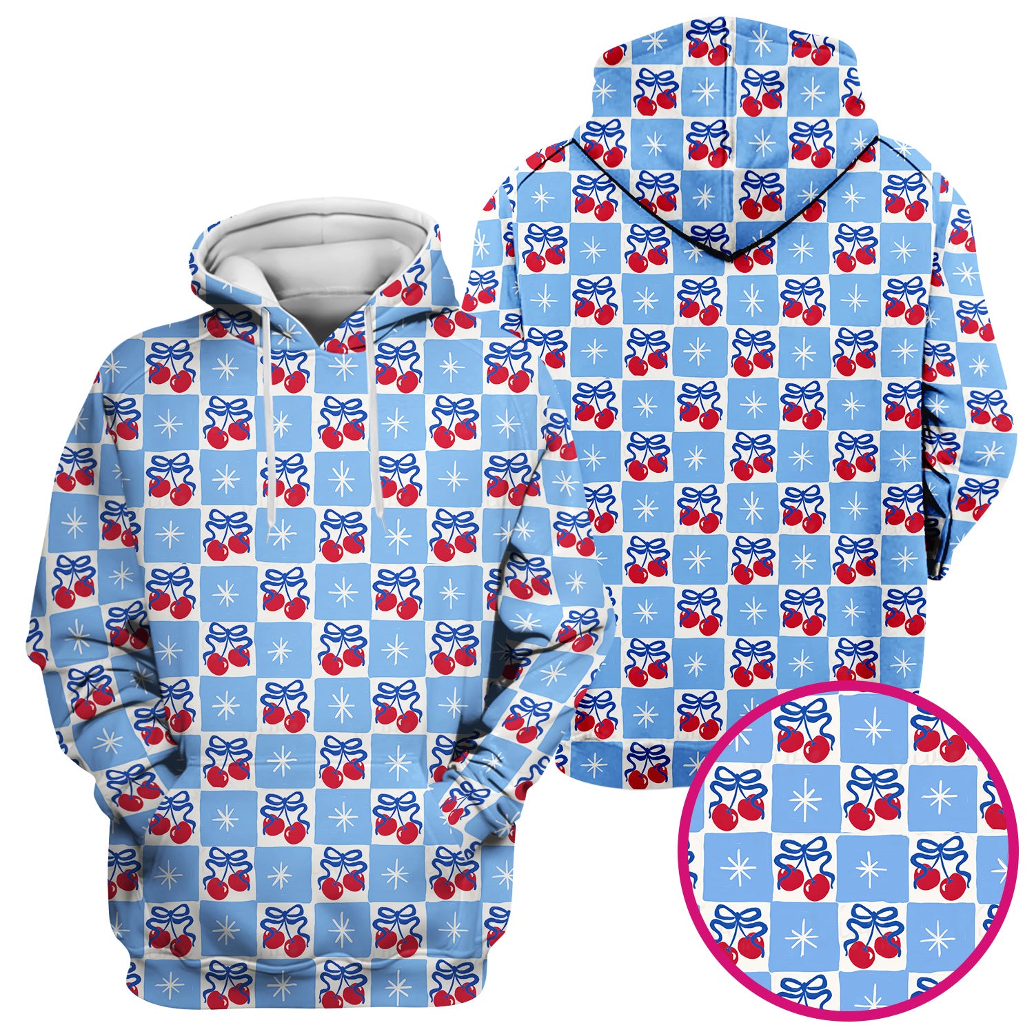 Cute Cherry Bow With Blue Gingham Check Pattern Scrub Top, Comfortable Scrubs for Nurses