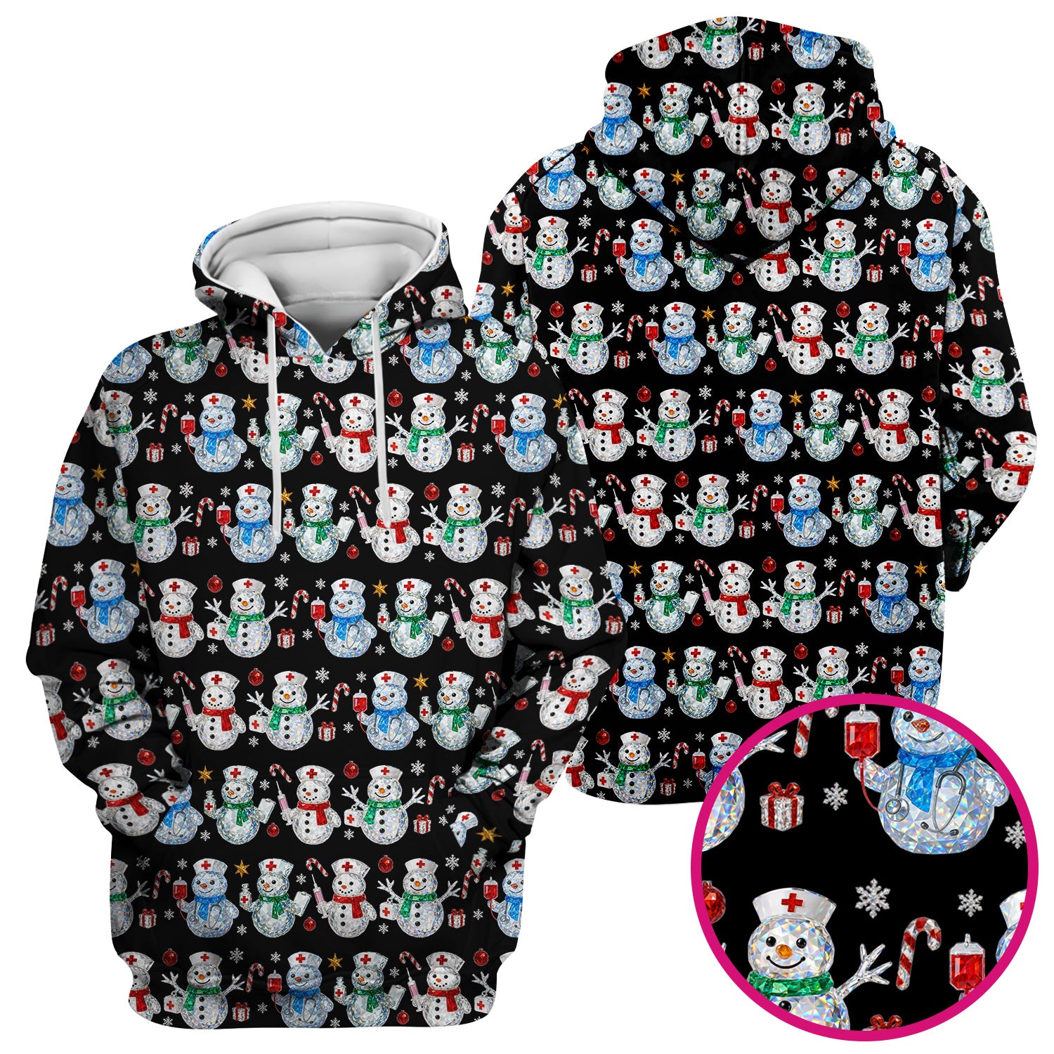 Nurse Snowman Christmas Scrub Top, Cute Holiday Medical Pattern Shirt For Women, Winter Snowflake Nursing Uniform