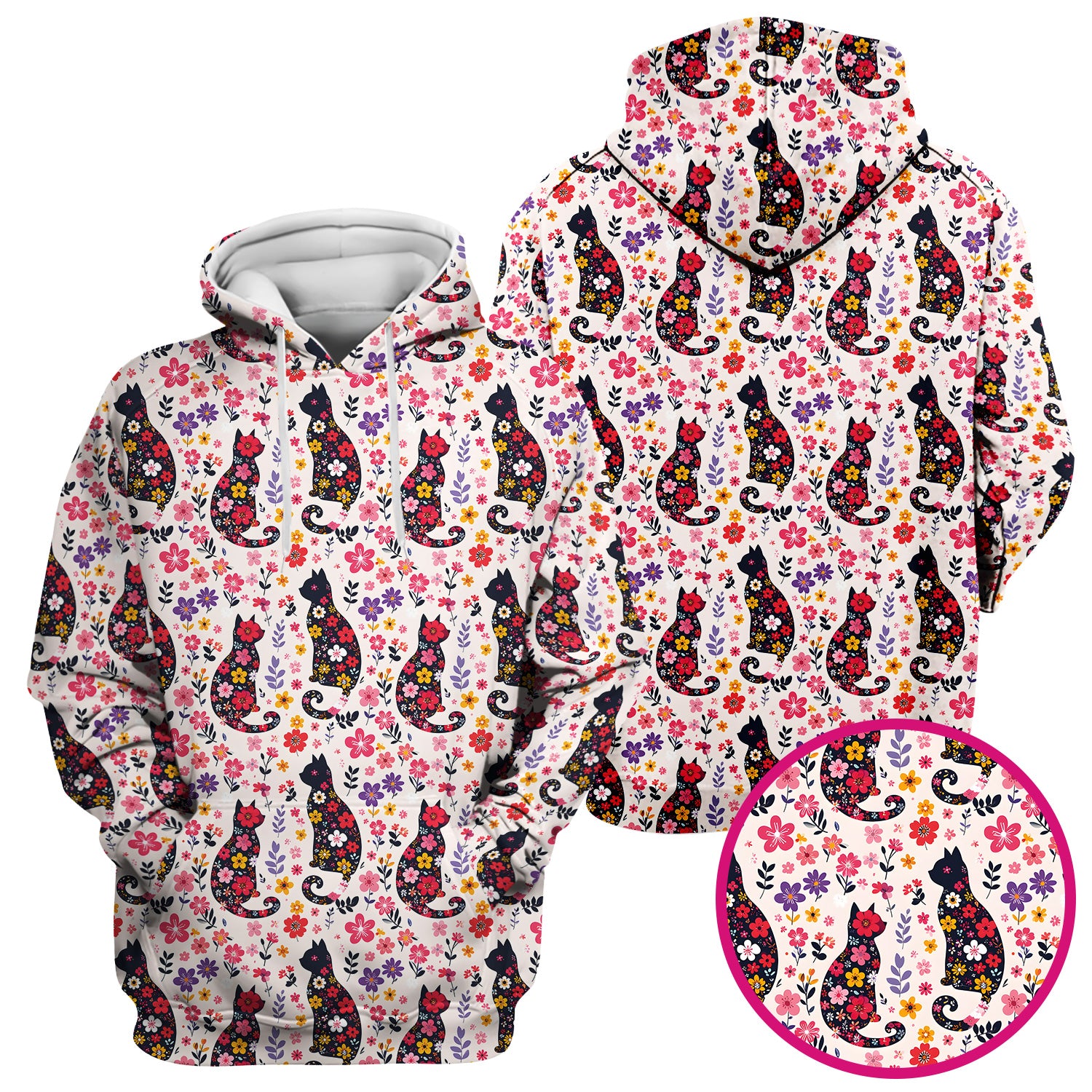 Floral Cat Silhouette Spring Garden Pattern Scrub Top, Comfortable Scrubs for Nurses