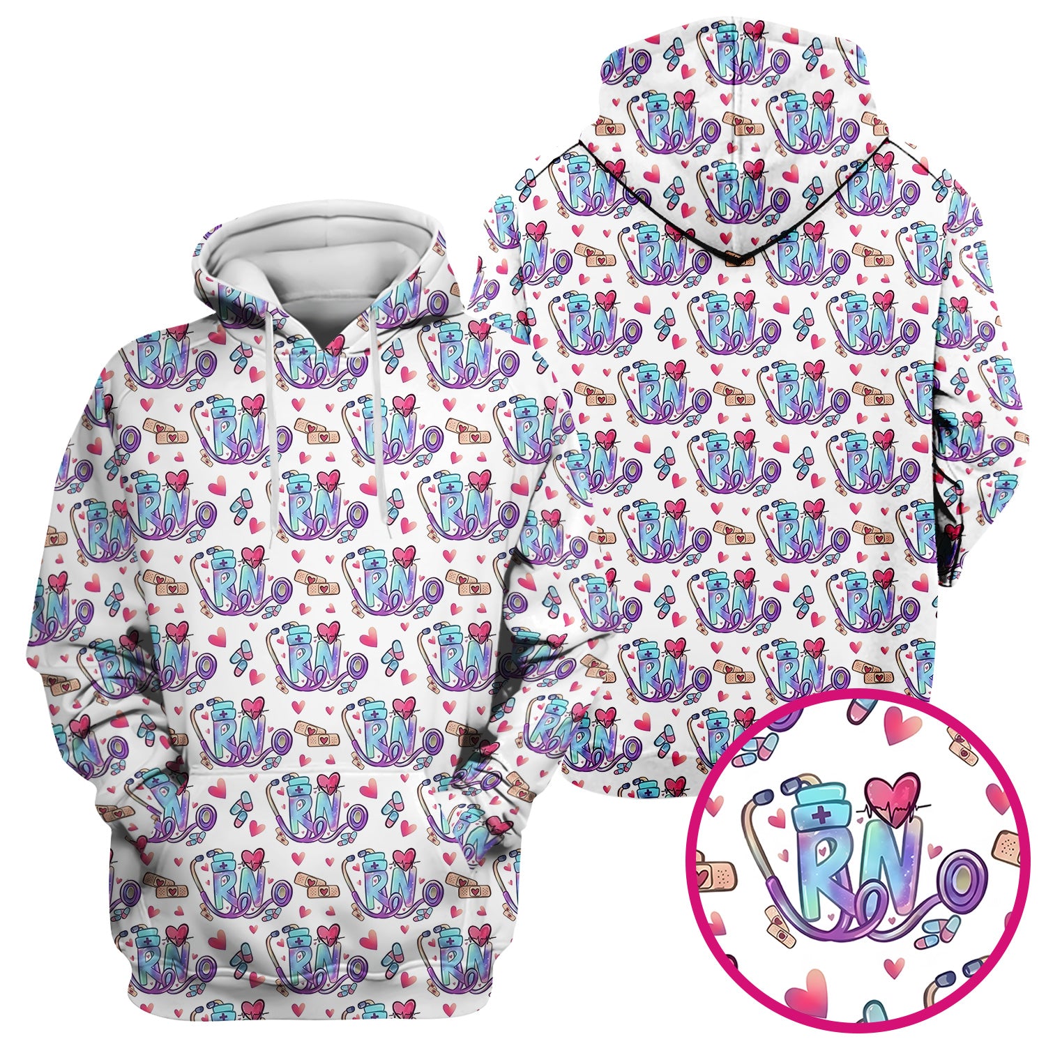 Nurse Life RN Heart Pattern Scrub Top, Breathable Fabrics Nursing Uniform