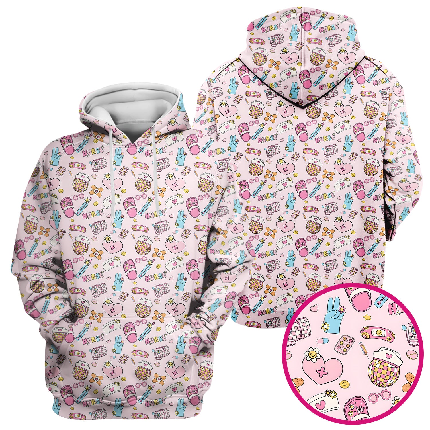 Cute Nurse Pink Medical Tools Pattern Scrub Top, Breathable Healthcare Uniform Top