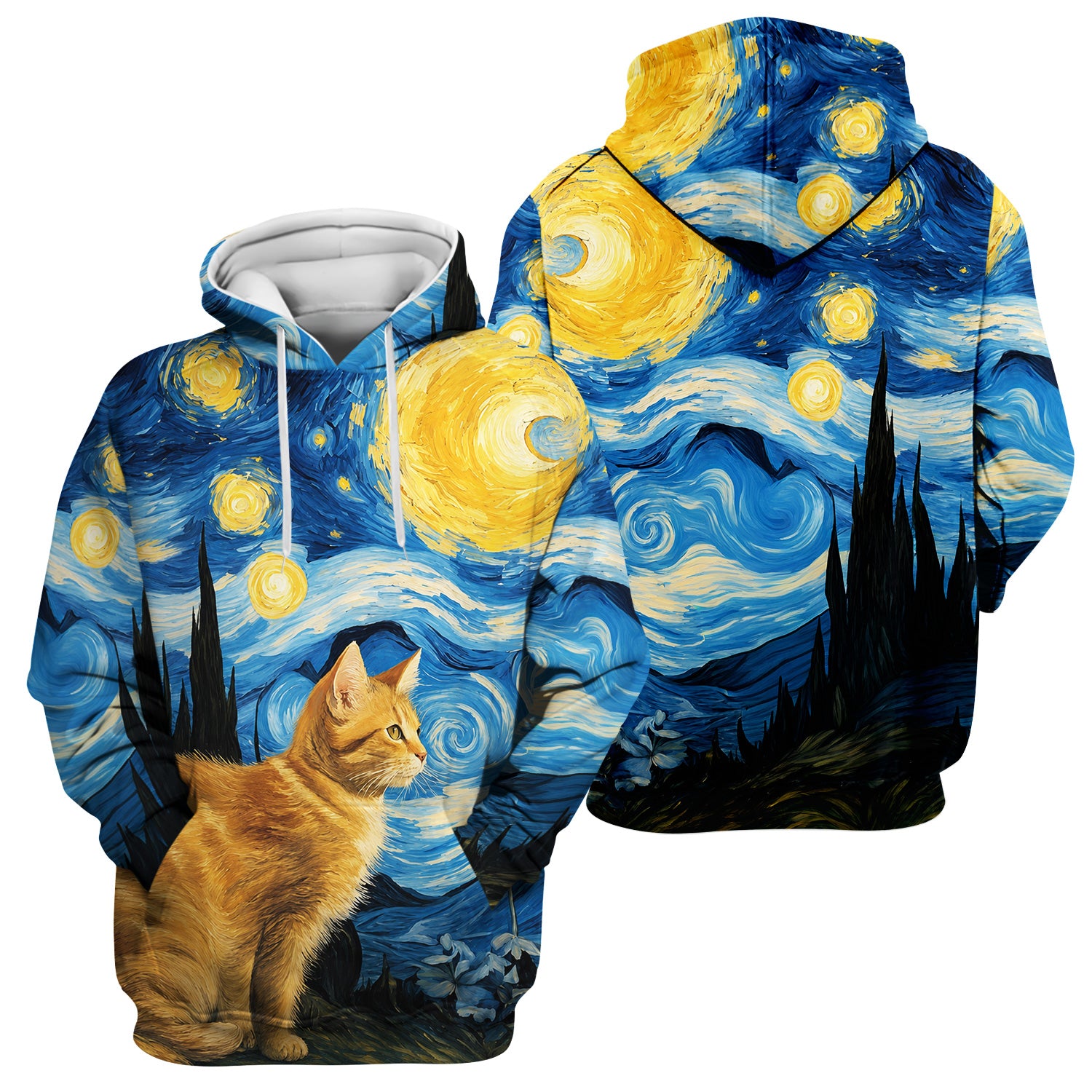 Swirling Moonlit Cat Scene Print Scrub Top, Comfortable Scrubs for Nurses