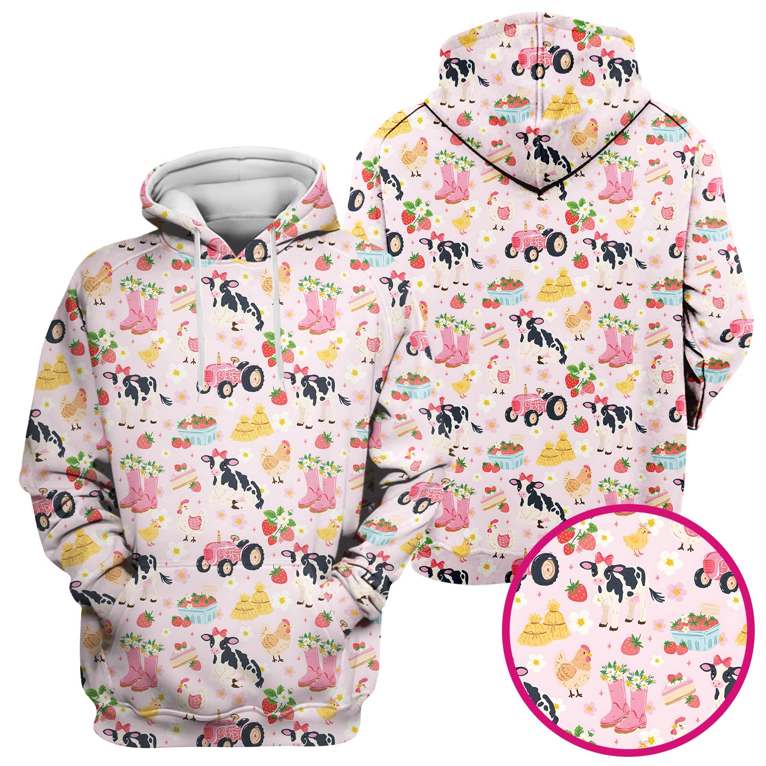 Cute Farm Animals & Strawberry Garden Pattern Scrub Top, Comfortable Scrubs for Nurses
