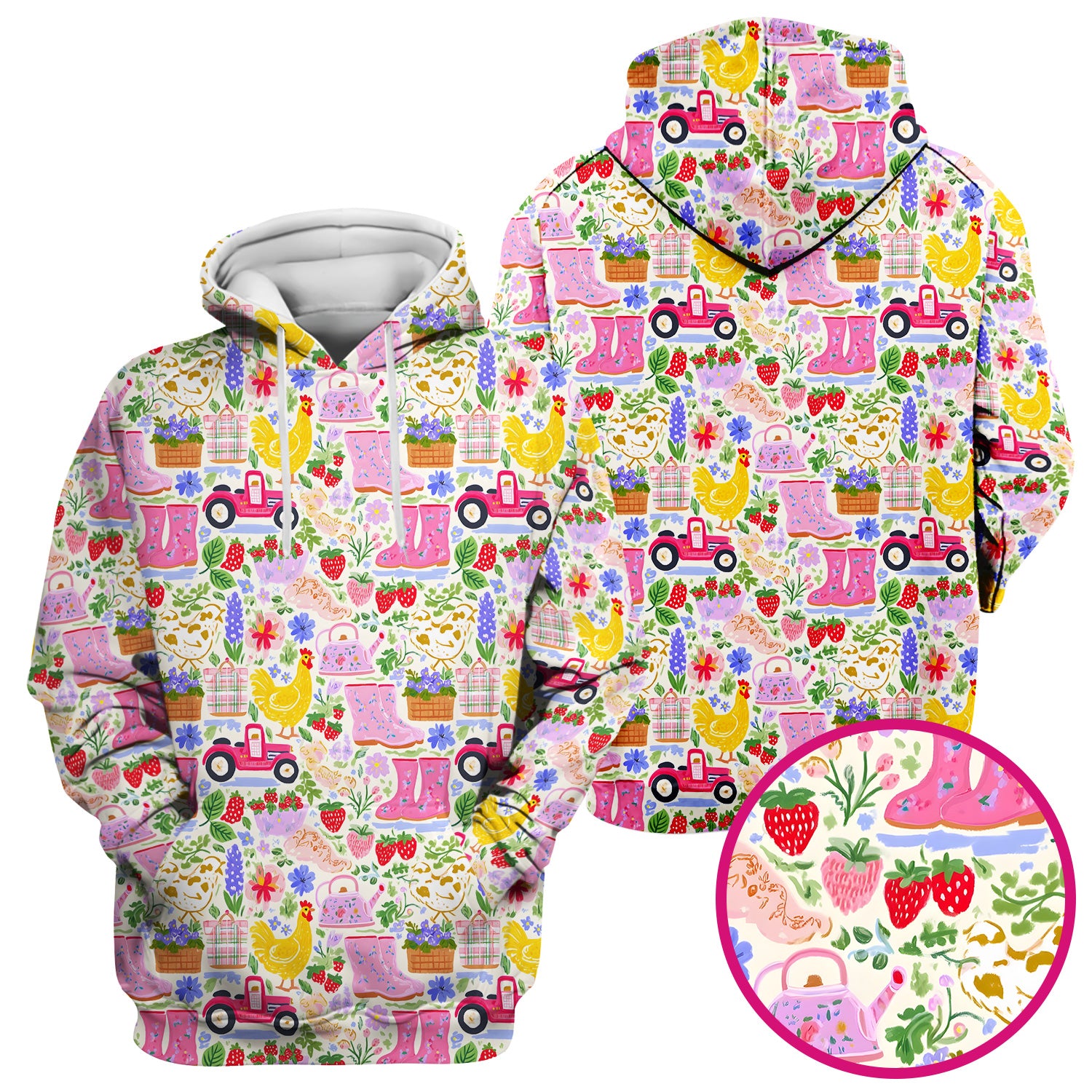 Cute Farm Garden Chicken Pattern Scrub Top, Colorful Spring Countryside Nursing Uniform for Women