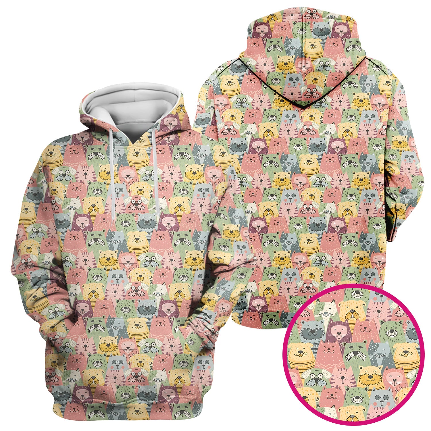 Cartoon Cat & Dog Faces Pattern Scrub Top, Comfortable Scrubs for Nurses