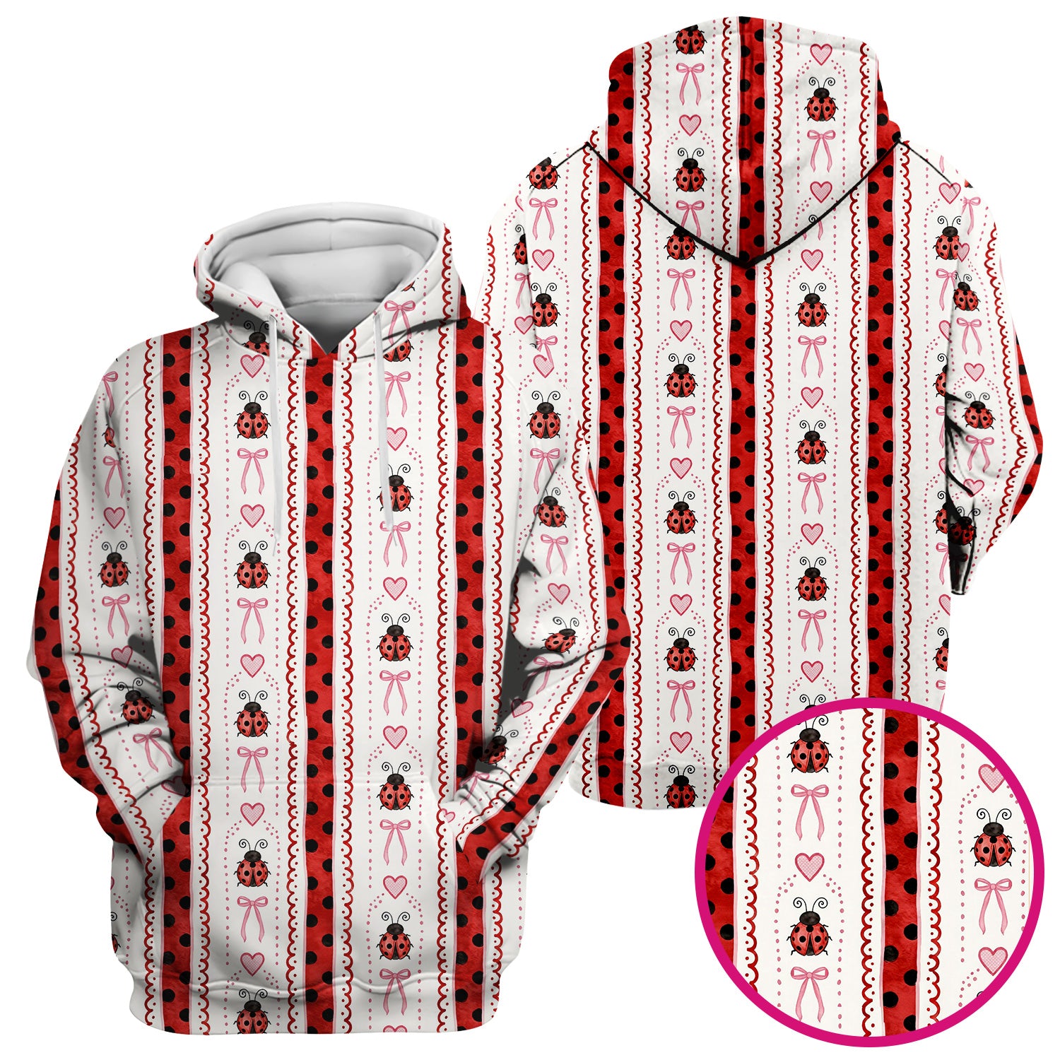 Cute Ladybug Heart Bow Stripe Pattern Scrub Top, Red Polka Dot Nurse Uniform