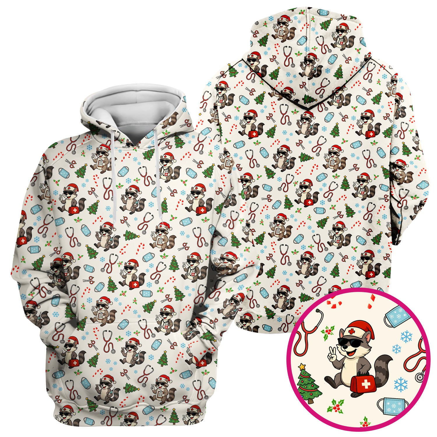 Christmas Scrub Top for Nurses - Funny Raccoon and Medical Tools Pattern - Festive Holiday Nurse Scrubs Shirt Gift for Women RN LPN CNA