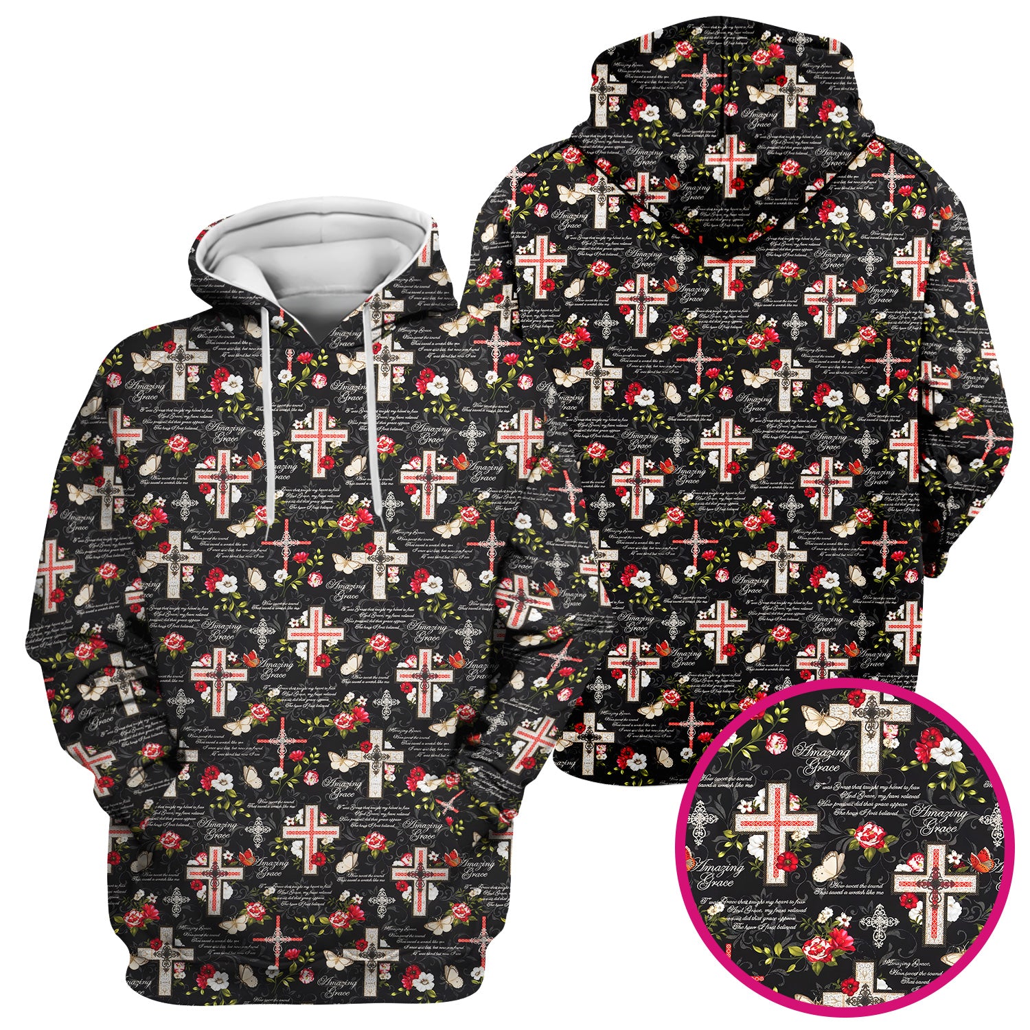 Christian Cross Roses And Butterflies Print Scrub Top, Comfortable Scrubs for Nurses