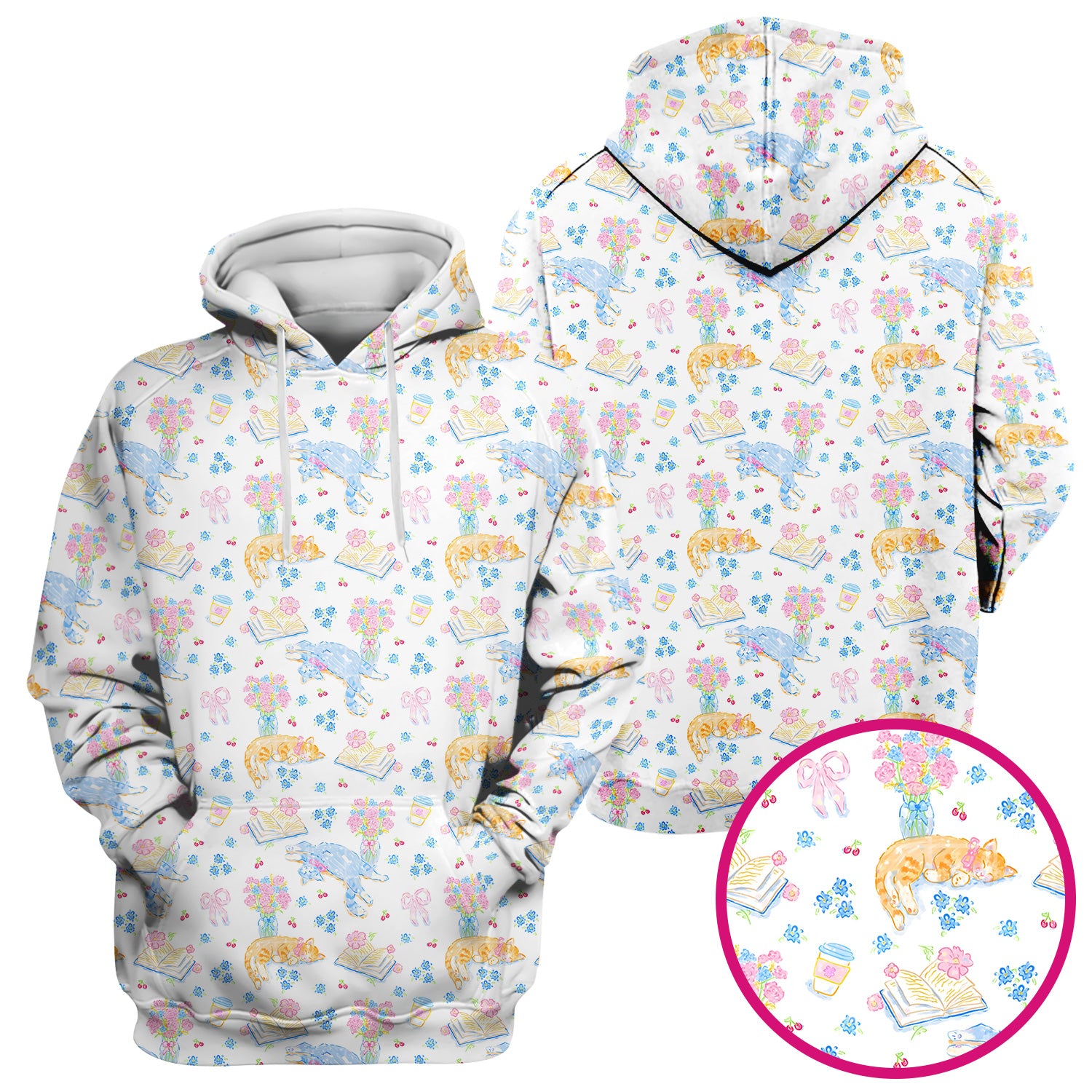 Cute Cats Reading Floral Books Pattern Scrub Top, Comfortable Scrubs for Nurses