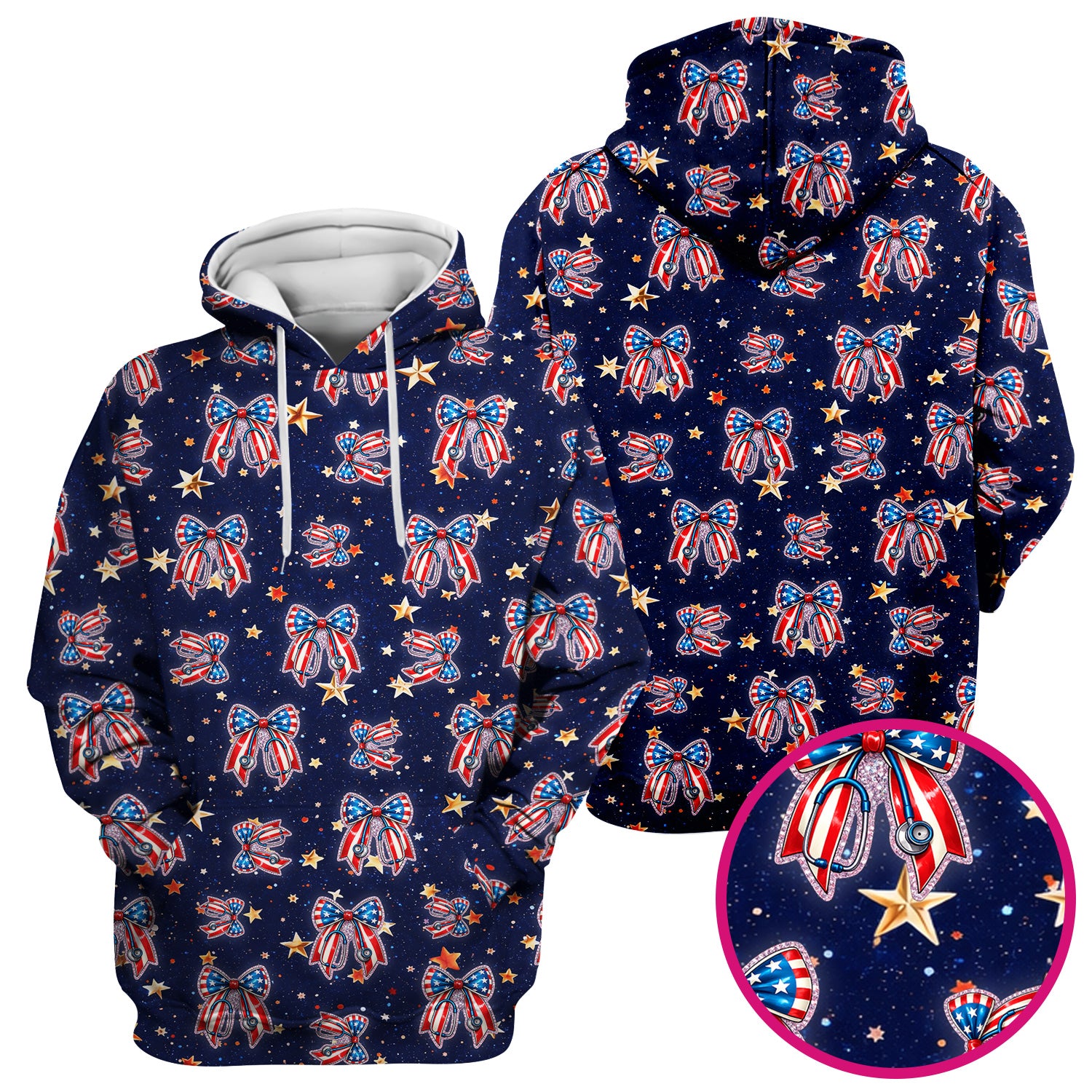 Patriotic Bow Star Print Nurse Scrub Top, Breathable Fabrics Nursing Uniform