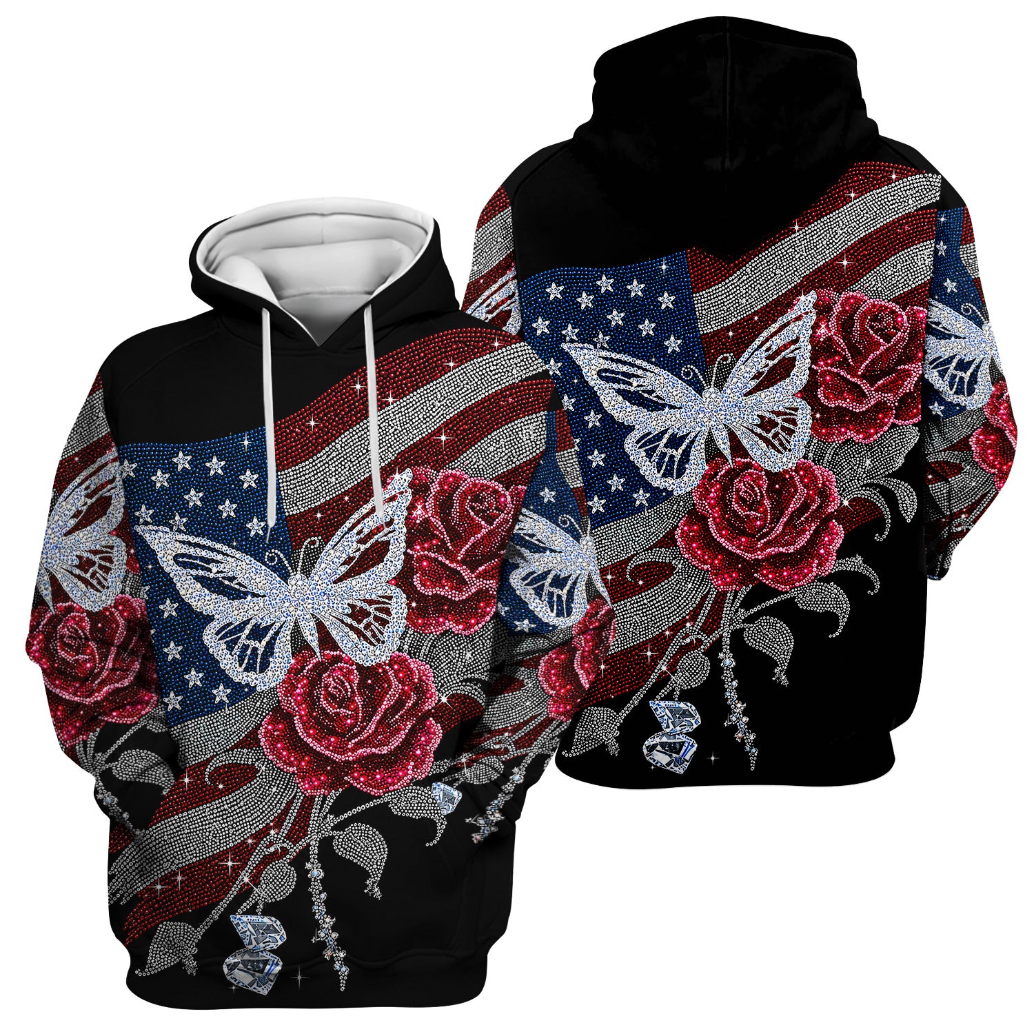 Patriotic Butterfly Rose Flag Print Scrub Top, Comfortable Scrubs for Nurses