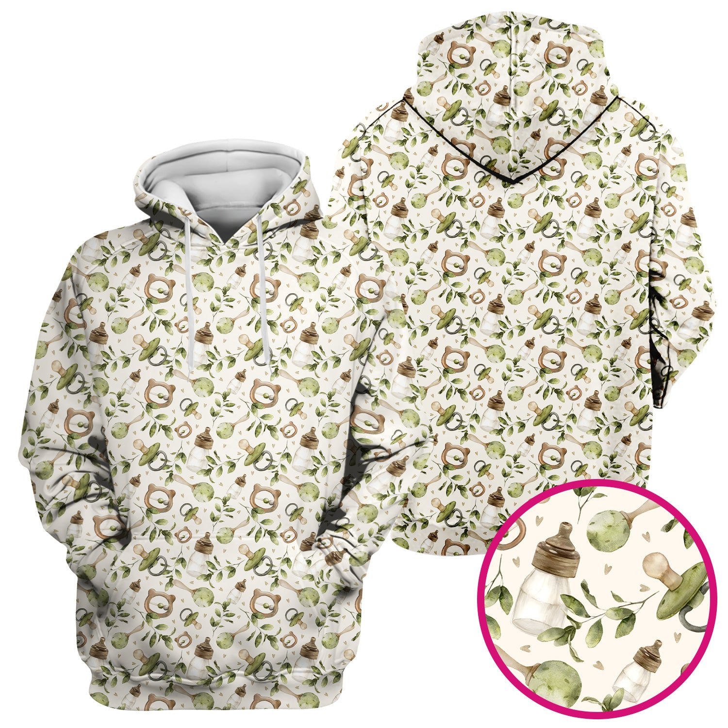 Cute Baby Bottle and Greenery Pattern Scrub Top, Breathable Fabrics Nursing Uniform