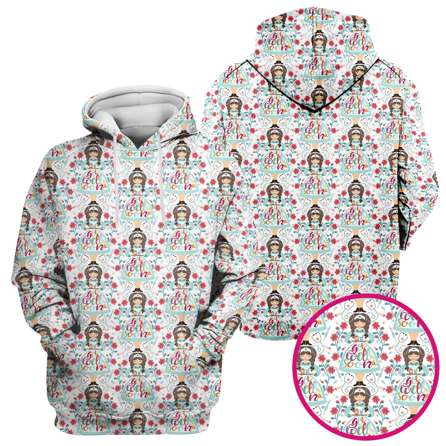 Get Well Soon Girl Floral Caring Pattern Scrub Top, Comfortable Scrubs for Nurses