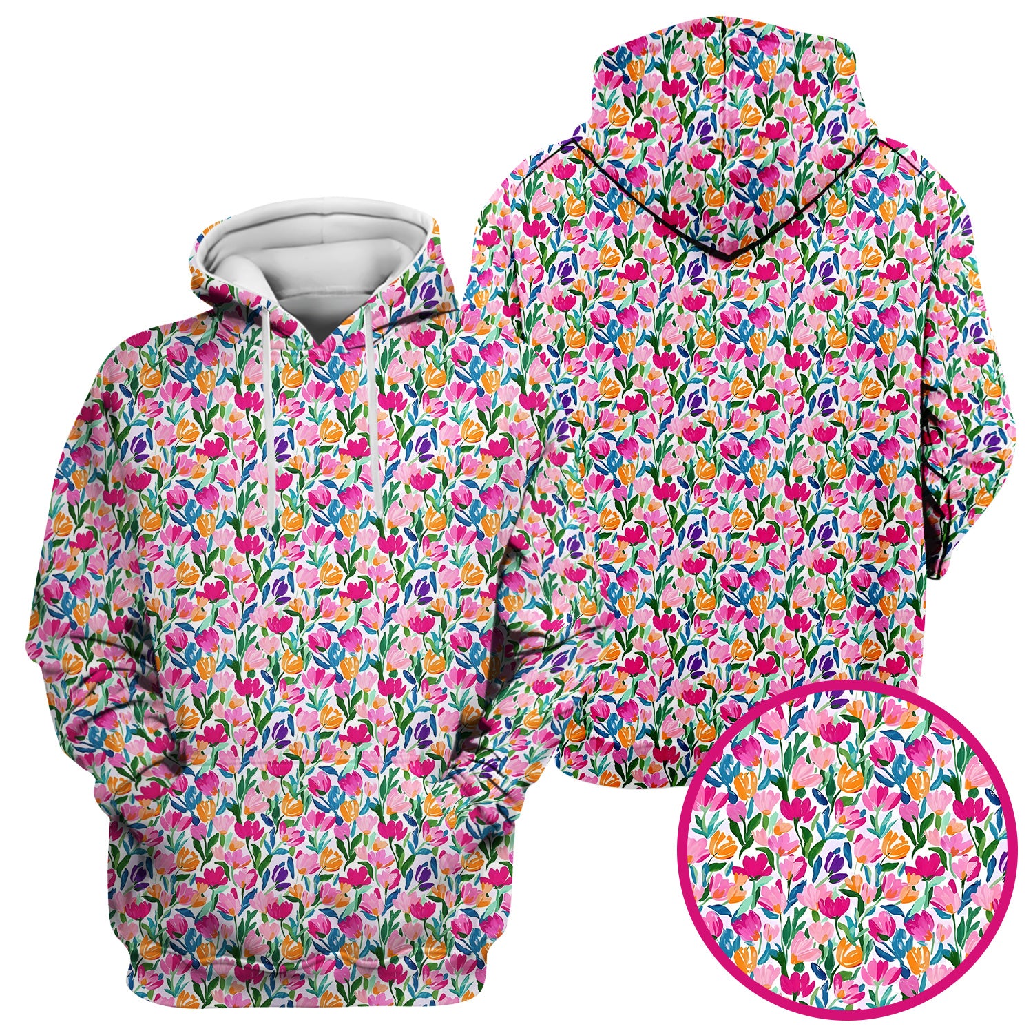 Vibrant Tulip Meadow Pattern Scrub Top, Breathable Fabrics Nursing Uniform