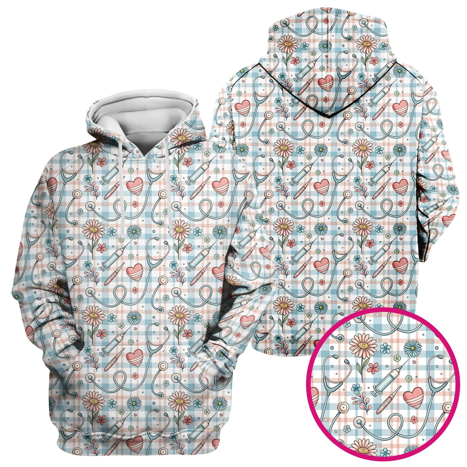 Stethoscope Heart Syringe Floral Plaid Pattern Scrub Top, Comfortable Scrubs for Nurses