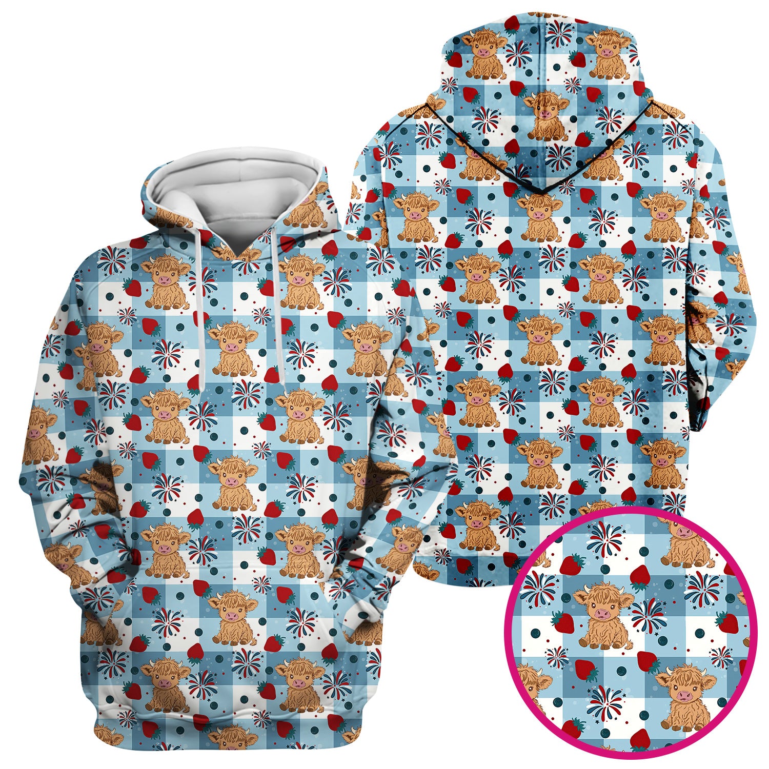 Highland Cow Strawberry Firework Gingham Pattern Scrub Top, Comfortable Scrubs for Nurses