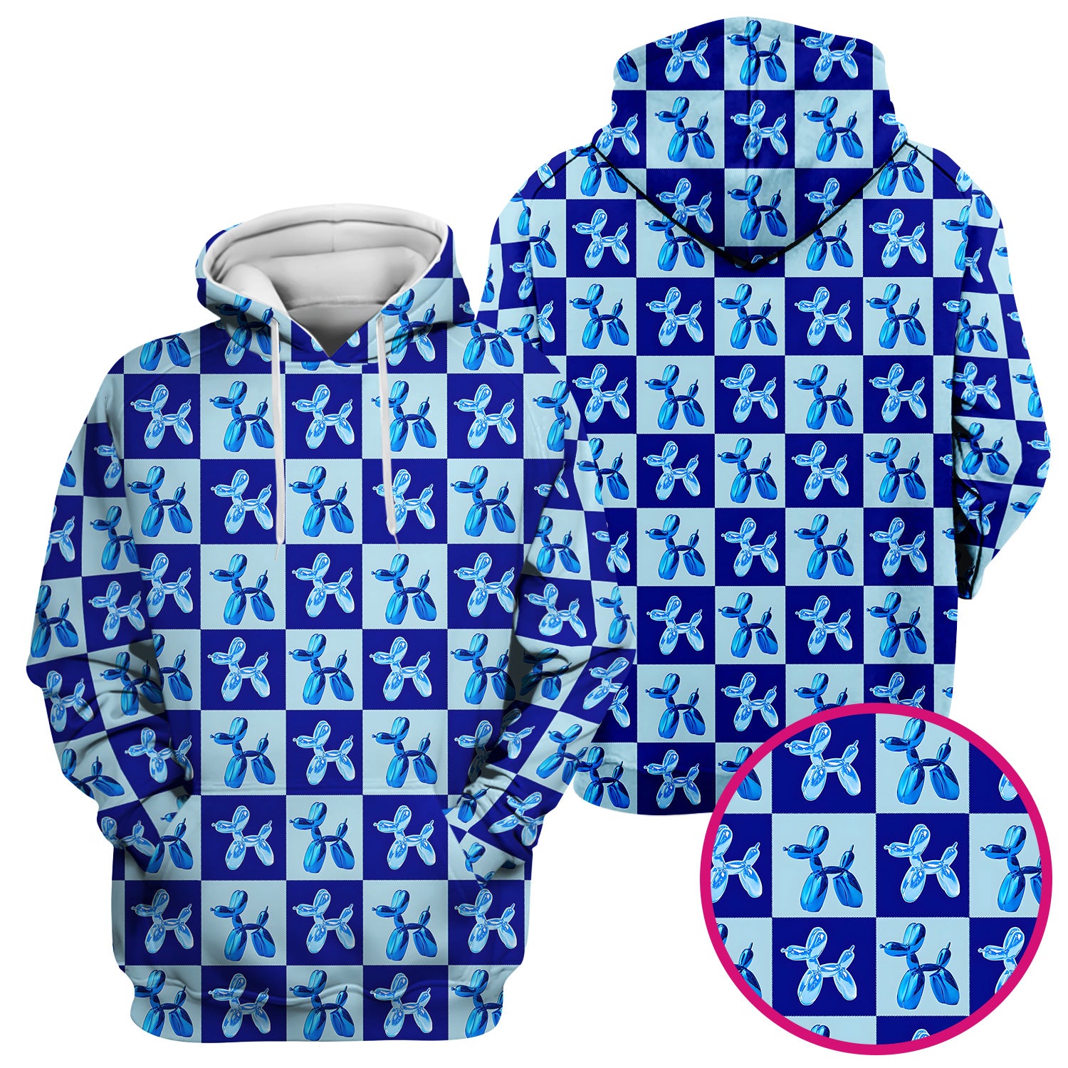 Cute Blue Balloon Dog Checkered Pattern Scrub Top, Breathable Fabrics Nursing Uniform