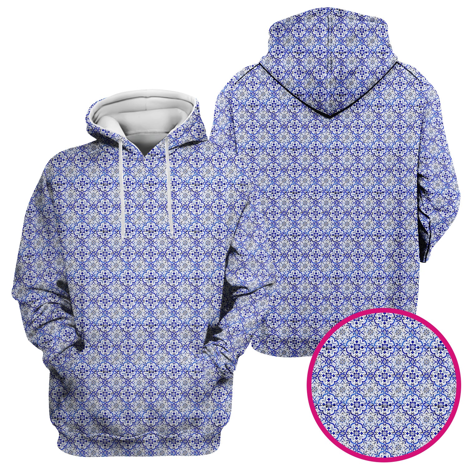 Blue Vintage Tile Floral Pattern Scrub Top, Breathable Fabrics Nursing Uniform