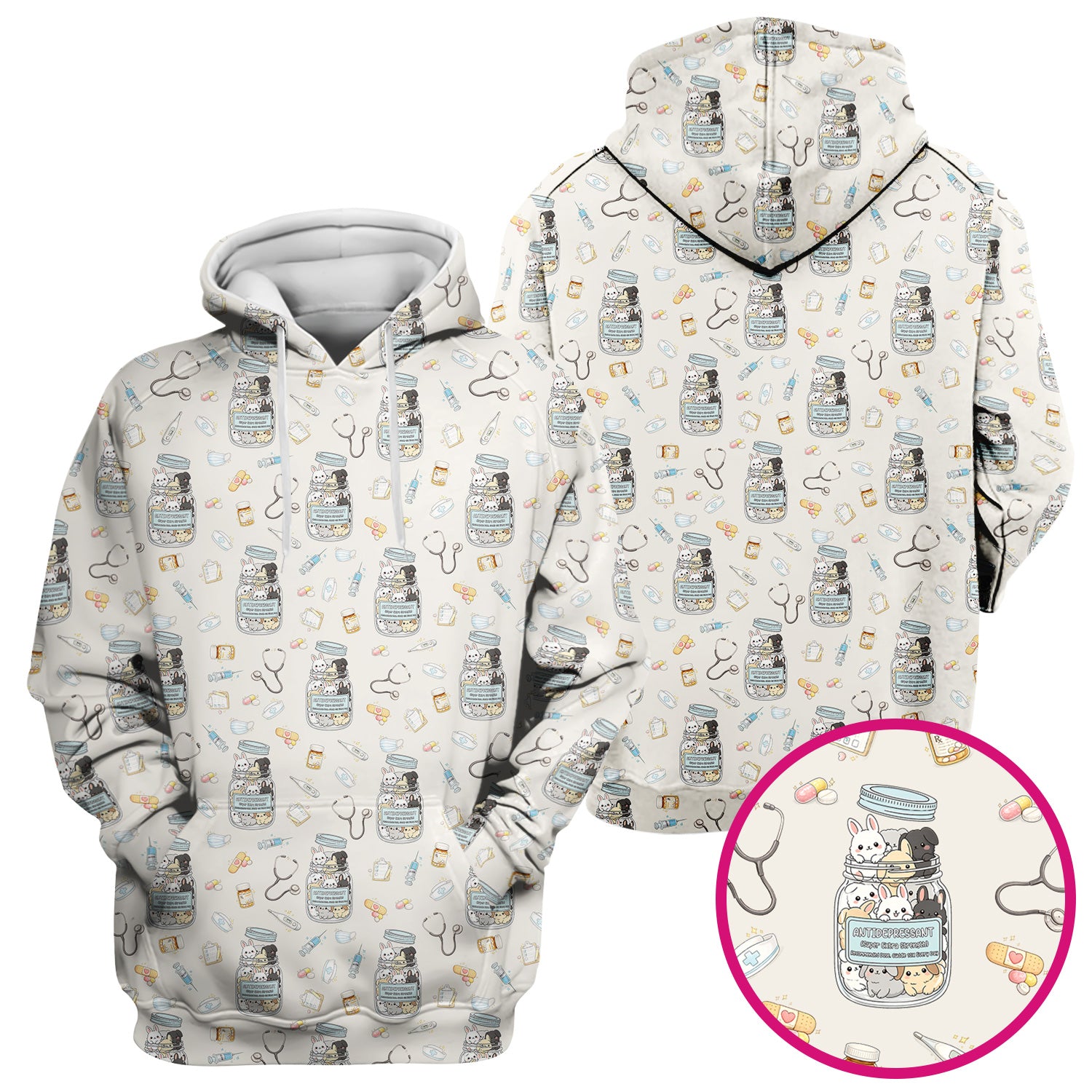 Whimsical Antidepressant Rabbit Jar Design Nurse Scrub Top, Soft & Breathable Workwear