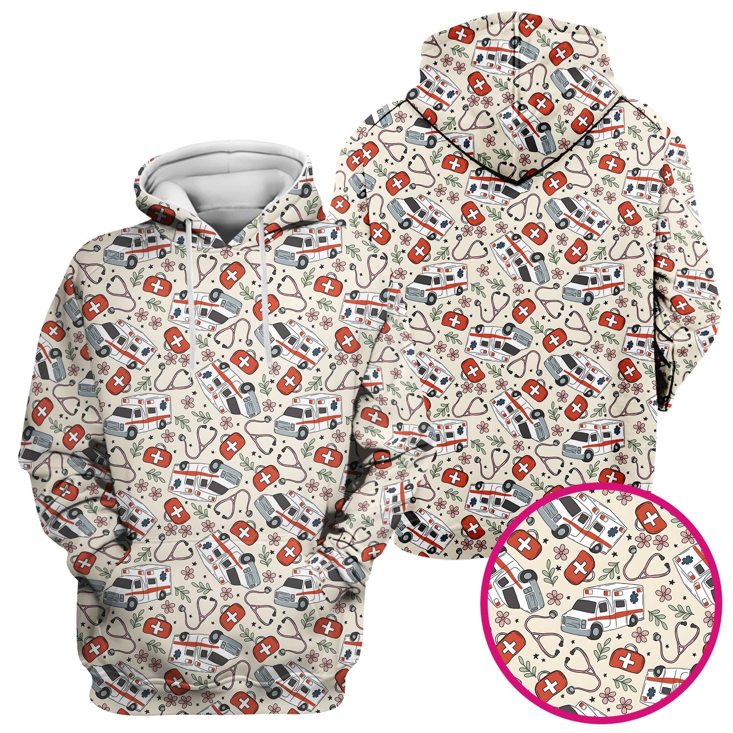 Ambulance Stethoscope First Aid Floral Pattern Scrub Top, Comfortable Scrubs for Nurses