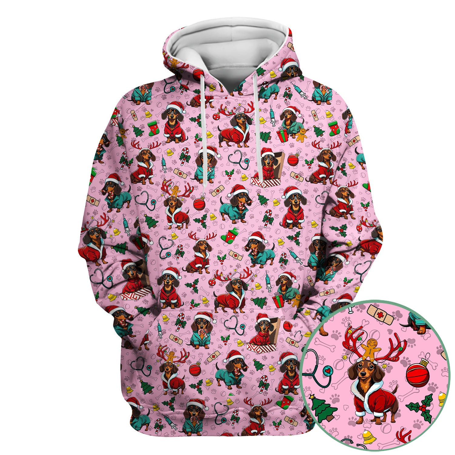 Christmas Dachshund Scrubs for Nurses - Cute Sausage Dog Holiday Scrub Top - Funny Reindeer & Santa Medical Shirt for Women