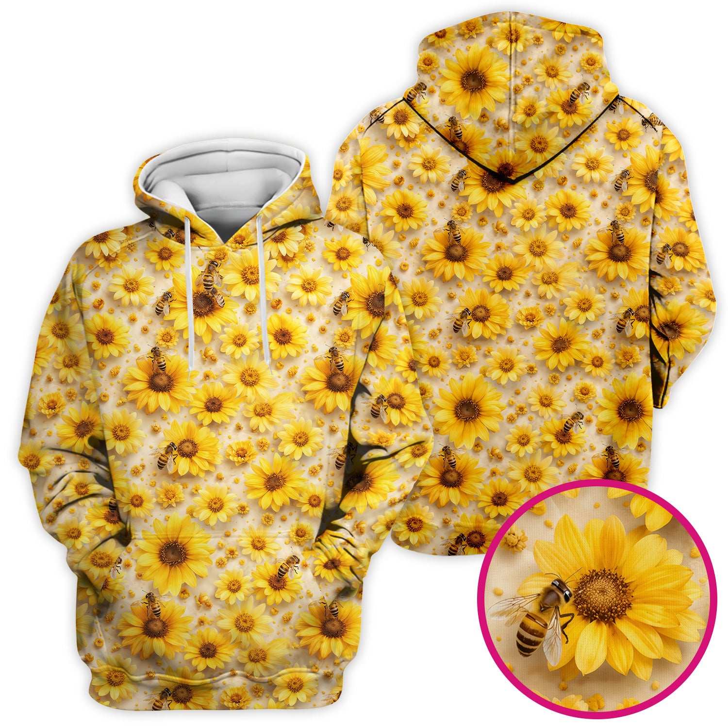 Yellow Sunflower Bee Garden Bloom Pattern Scrub Top, Breathable Fabrics Nursing Uniform