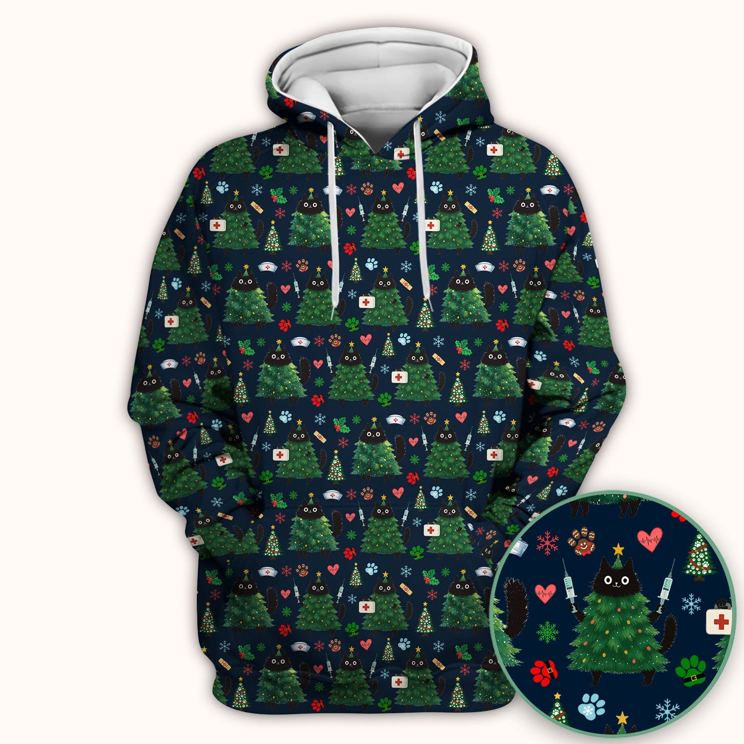 Christmas Nurse Scrub Top, Xmas Black Cat Pattern Nurse Shirt,  Breathable Fabrics Nursing Uniform