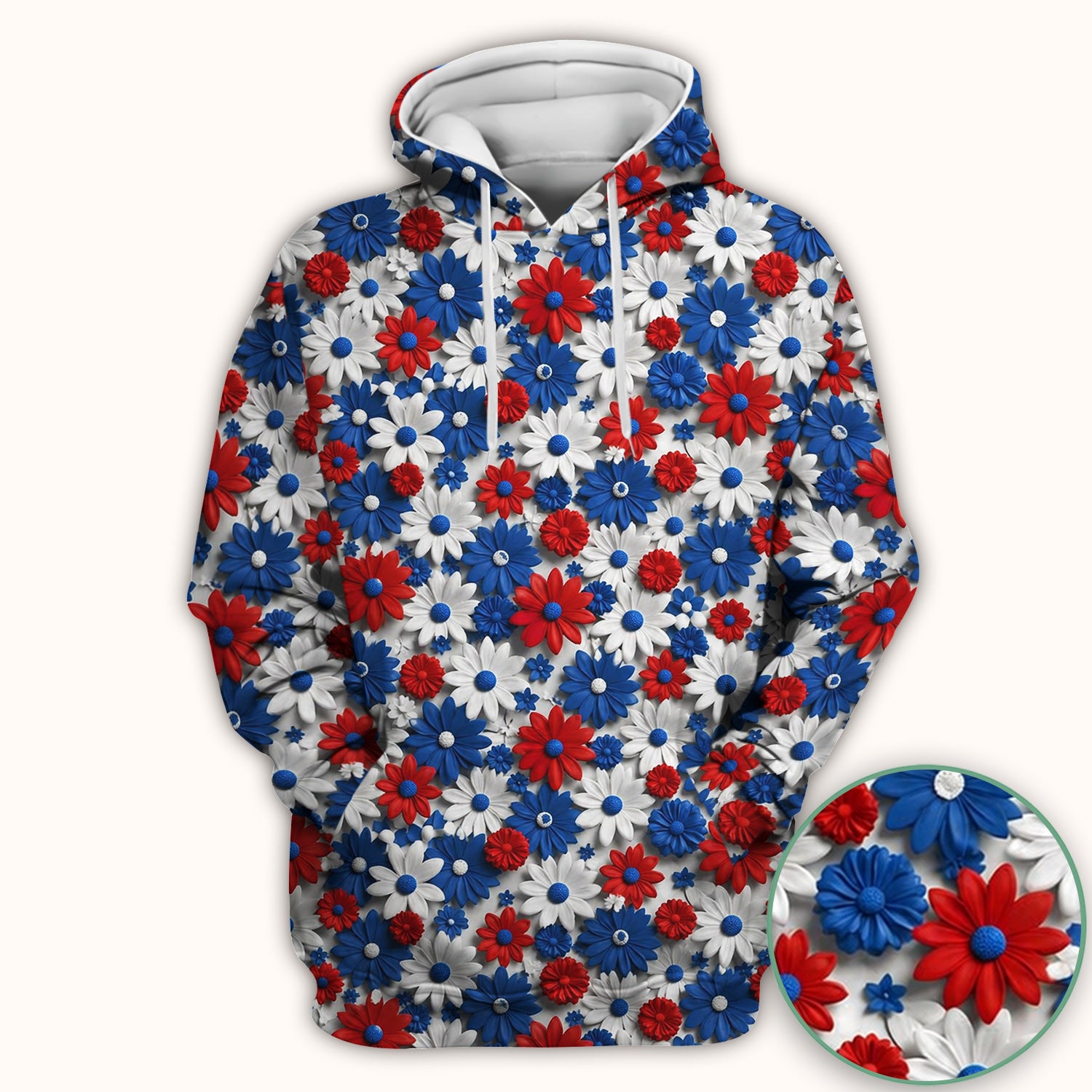 Patriotic Red Blue Daisy Floral Pattern Scrub Top, Comfortable Scrubs for Nurses