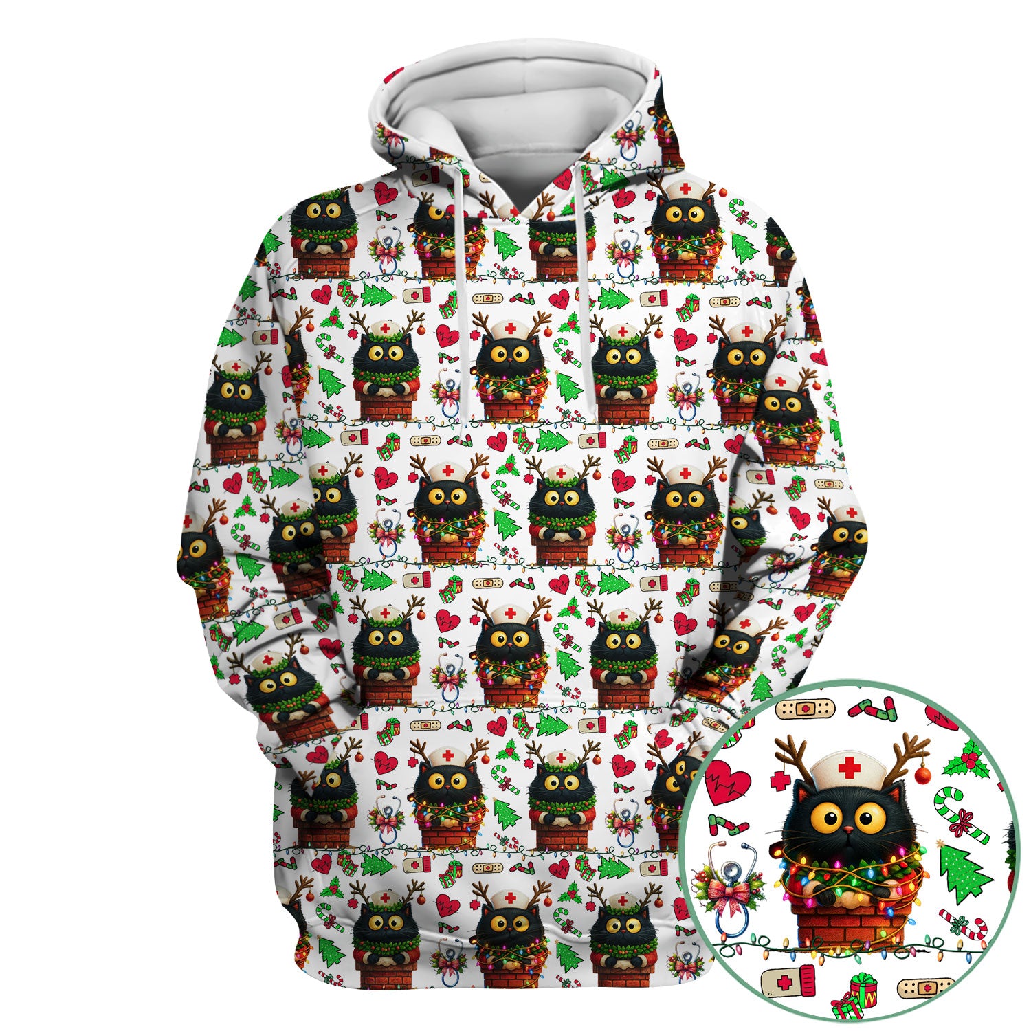 Christmas Black Cat Scrub Top for Nurse - Cute Reindeer Cat with Xmas Lights - Festive Holiday Medical Uniform for Women