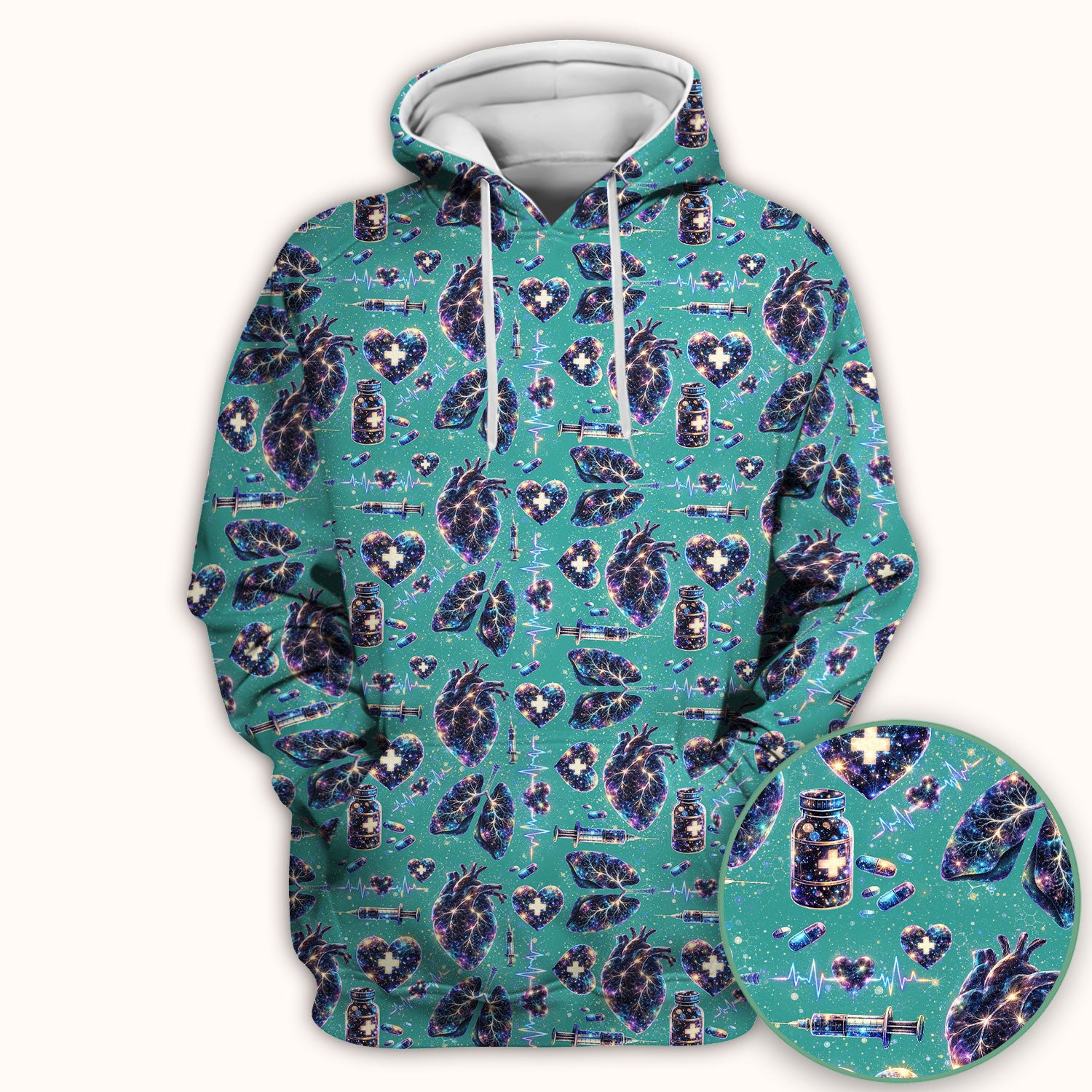 Galaxy Anatomical Heart Lung Syringe Print Scrub Top, Breathable Fabrics Nursing Uniform