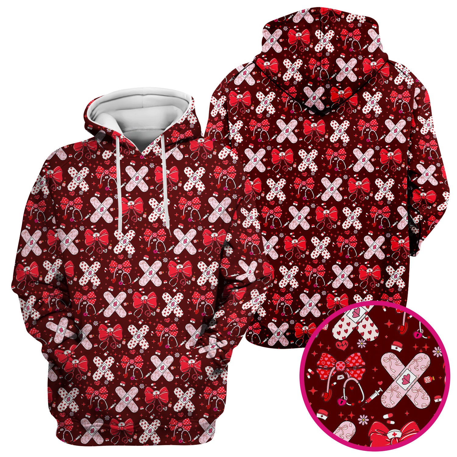 Valentine Nurse Scrub Top, Red Bow And Heart Bandage Pattern Medical Shirt, Breathable Fabrics Nursing Uniform