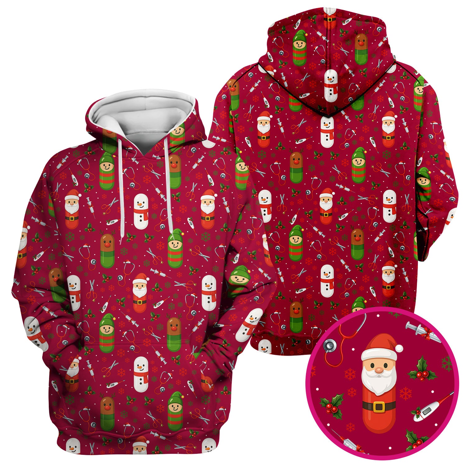 Santa Christmas Scrubs Set - Fun Holiday Pattern with Reindeer and Snowman - Cute Medical Scrub Top and Pants for Nurses