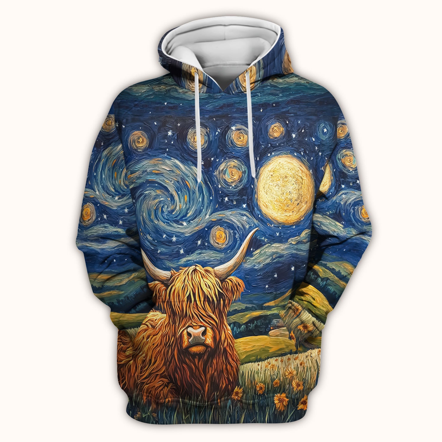 Artistic Highland Cow Starry Night Scene Pattern Scrub Top, Comfortable Scrubs for Nurses